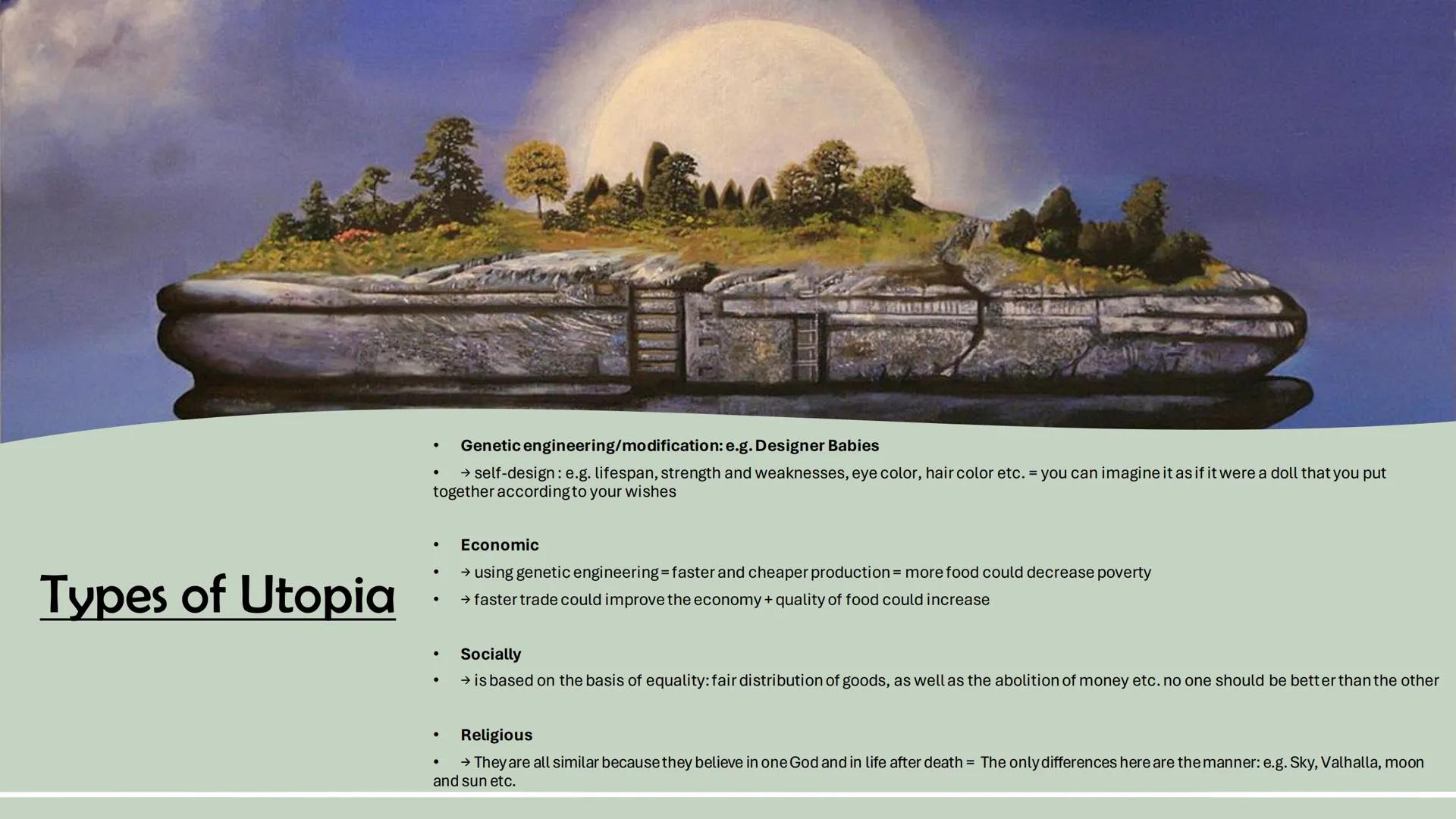 FUTURE
UTOPIA DYSTOPIA
UTOPIA DYSTOPIA
UTOPIA & DYSTOPIA Structure
UTOPIA
→ What is Utopia ?
→ Characteristics/ Benefits
→ Types of Utopia
→