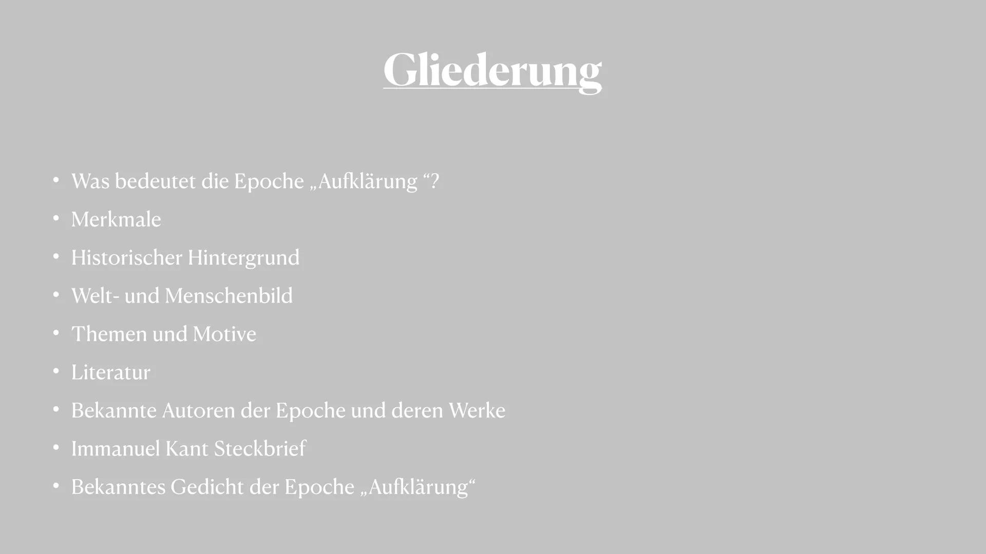 # Epoche: Aufklärung
zwischen 1720 und 1800 # Gliederung
* Was bedeutet die Epoche „Aufklärung "?
* Merkmale
* Historischer Hintergr