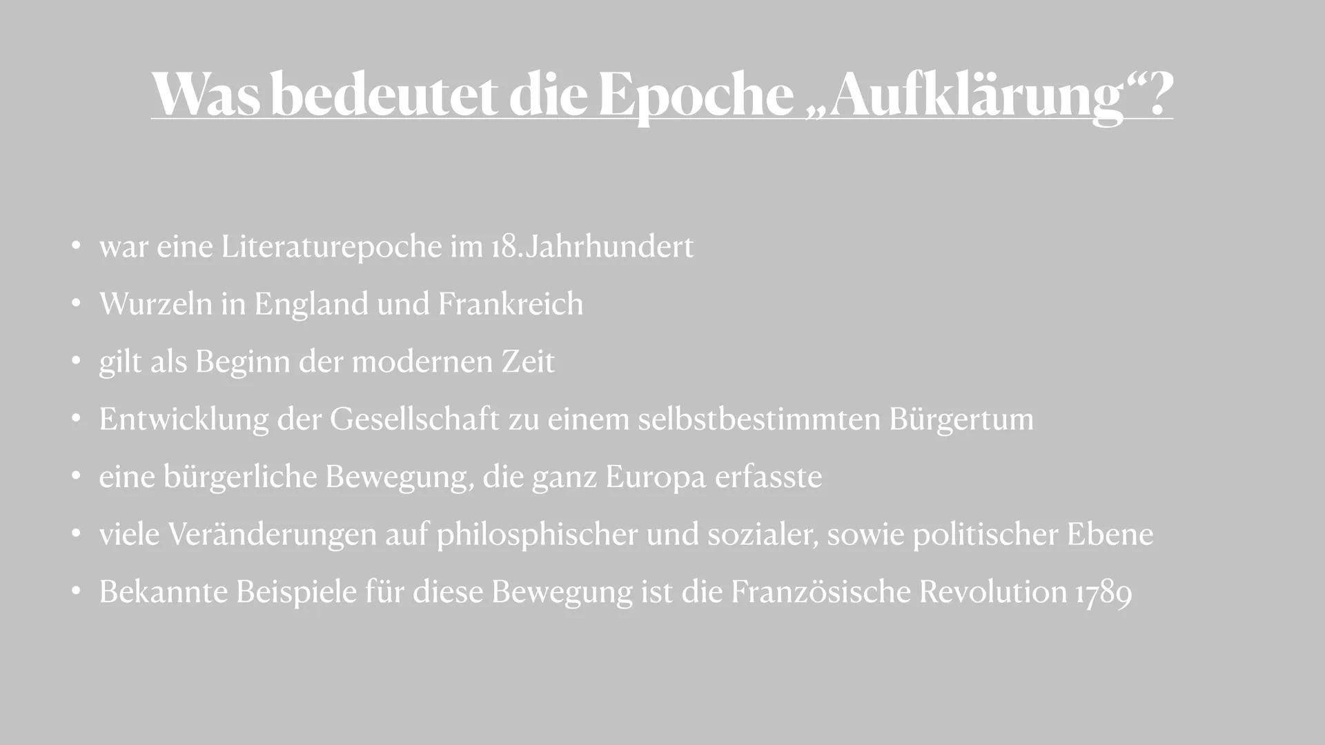 # Epoche: Aufklärung
zwischen 1720 und 1800 # Gliederung
* Was bedeutet die Epoche „Aufklärung "?
* Merkmale
* Historischer Hintergr
