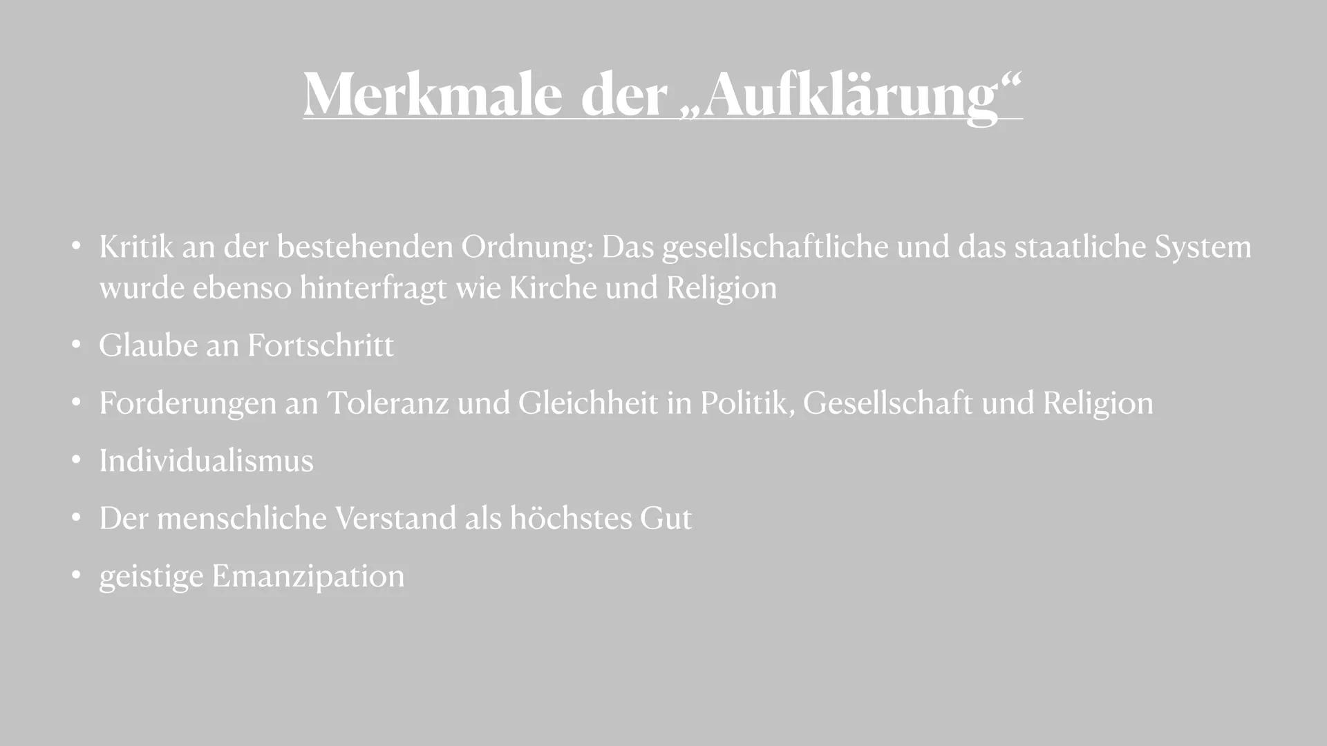 # Epoche: Aufklärung
zwischen 1720 und 1800 # Gliederung
* Was bedeutet die Epoche „Aufklärung "?
* Merkmale
* Historischer Hintergr