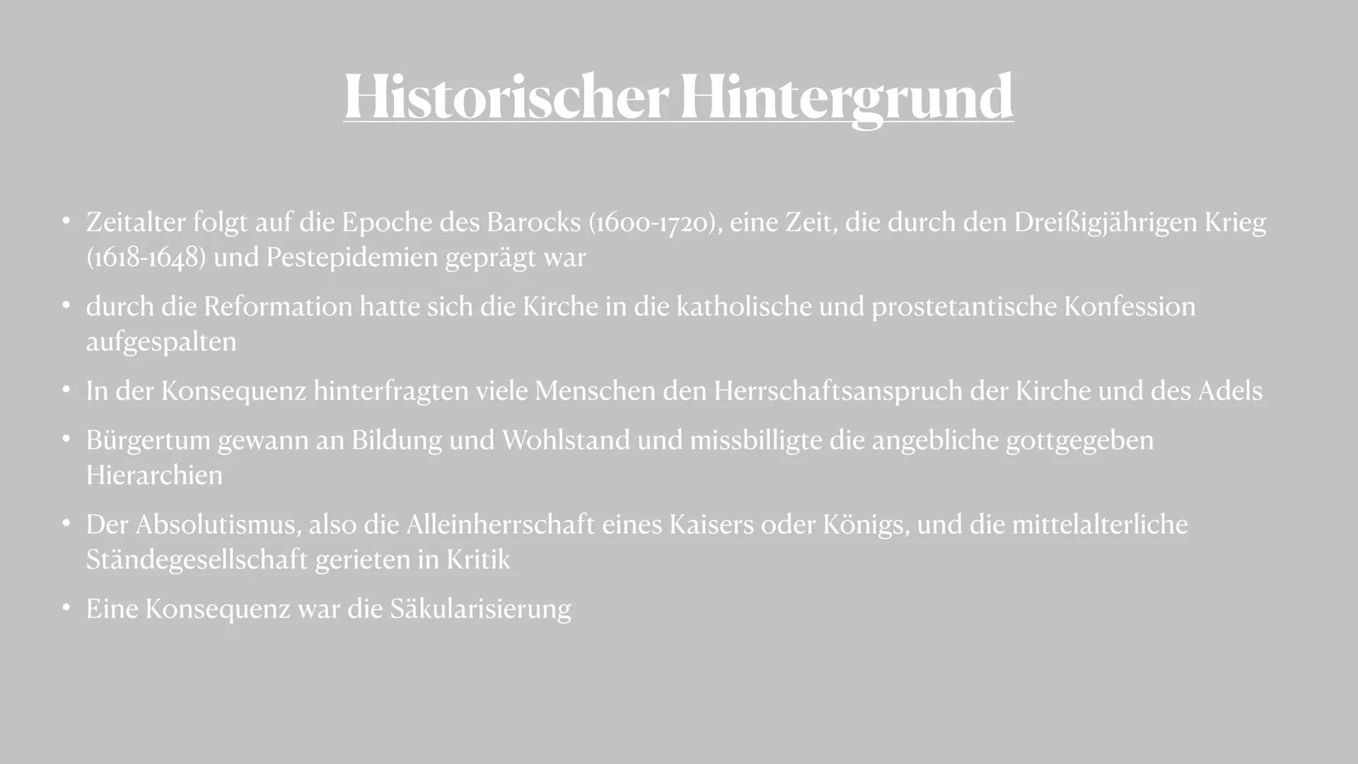 # Epoche: Aufklärung
zwischen 1720 und 1800 # Gliederung
* Was bedeutet die Epoche „Aufklärung "?
* Merkmale
* Historischer Hintergr