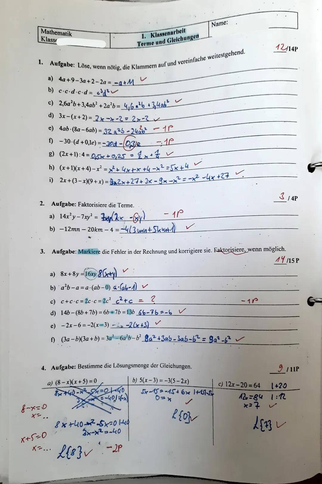 Klassenarbeit Terme und Gleichungen