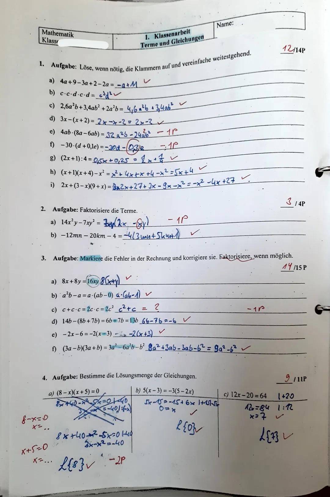 Mathematik
Klass
1. Aufgabe: Löse, wenn nötig, die Klammern auf und vereinfache weitestgehend.
a) 4a+9-3a+2-2a= =a +11
b) c.c·d·c.d = edder