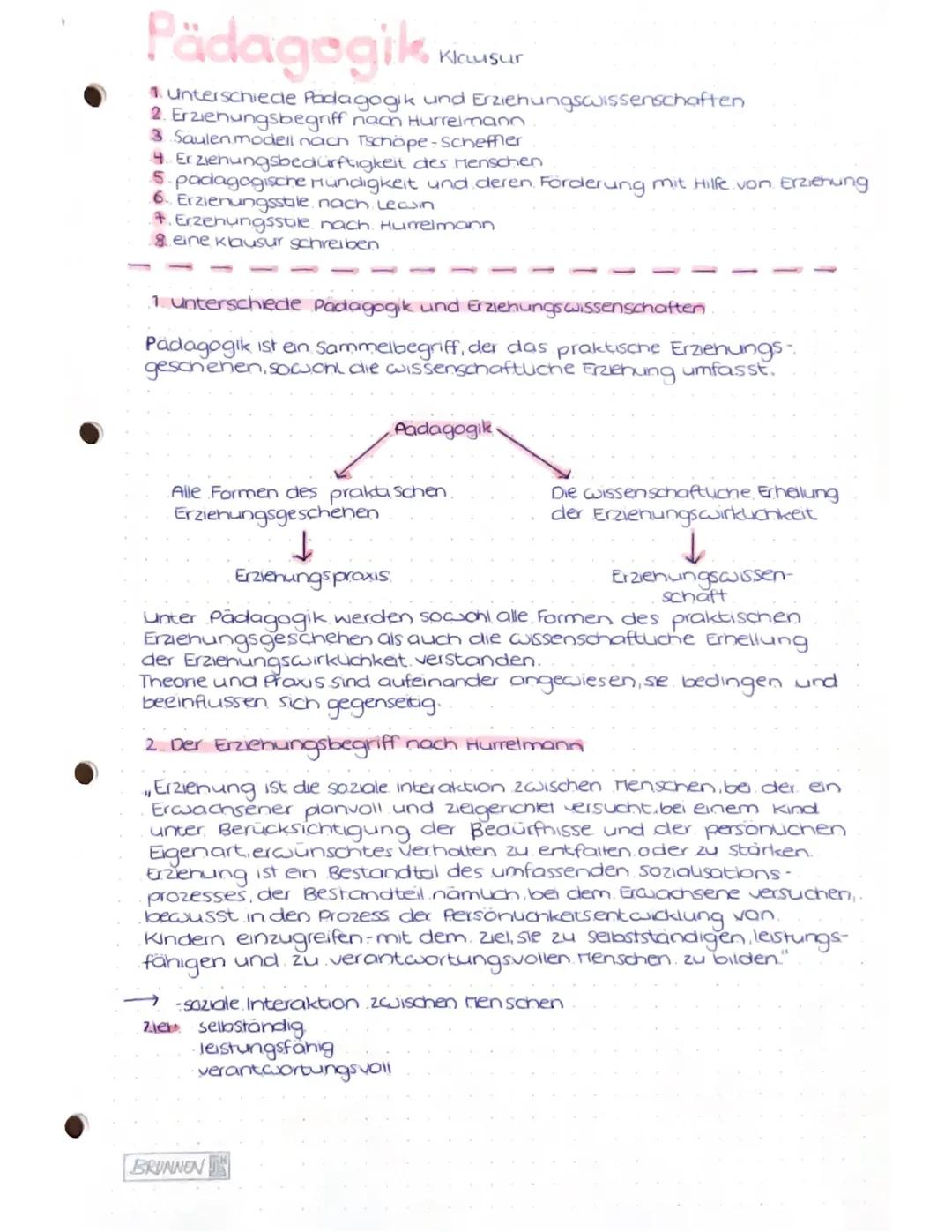 # Pädagogik ustr
1. Unterschiecie Pädagogik und Erziehungswissenschaften
2. Erzienungsbegriff nach Hurreimann
3. Saulen modell nach Tschöpe