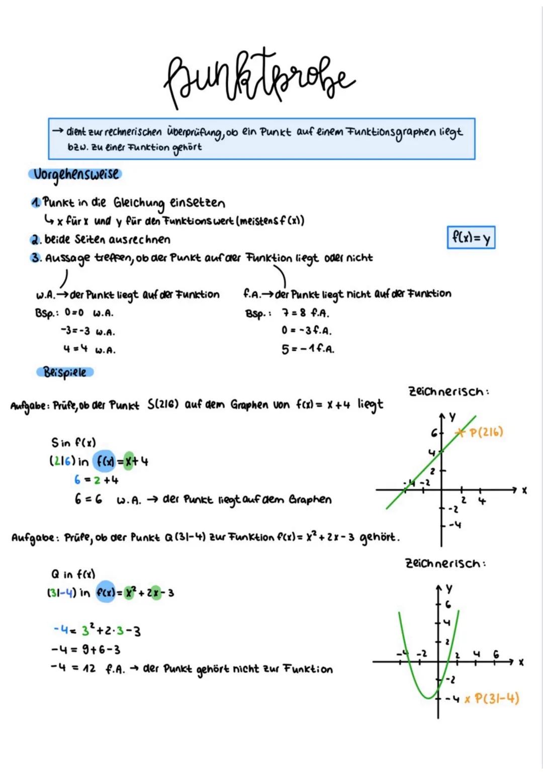 Bunktprobe
dient zur rechnerischen überprüfung, ob ein Punkt auf einem Funktionsgraphen liegt
bzw. zu einer Funktion gehört
Vorgehensweise
1