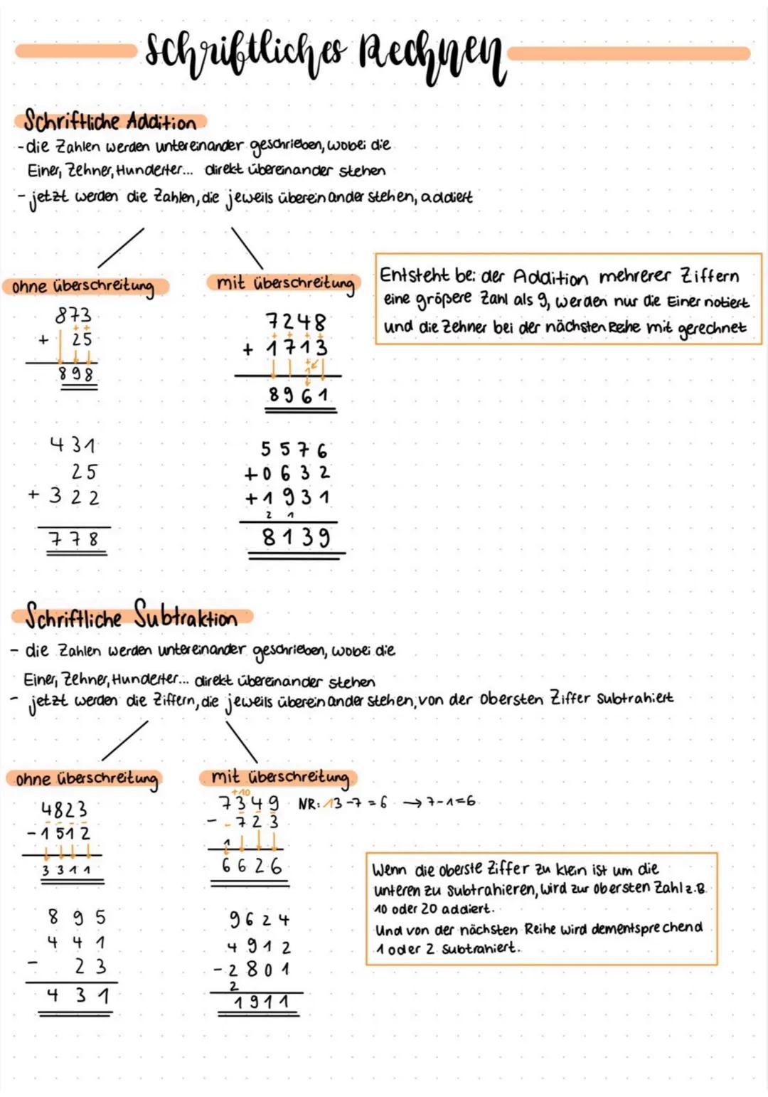 schriftliches Rechnen
Schriftliche Addition
-die Zahlen werden untereinander geschrieben, wobei die.
Einer, Zehner, Hunderter... direkt über