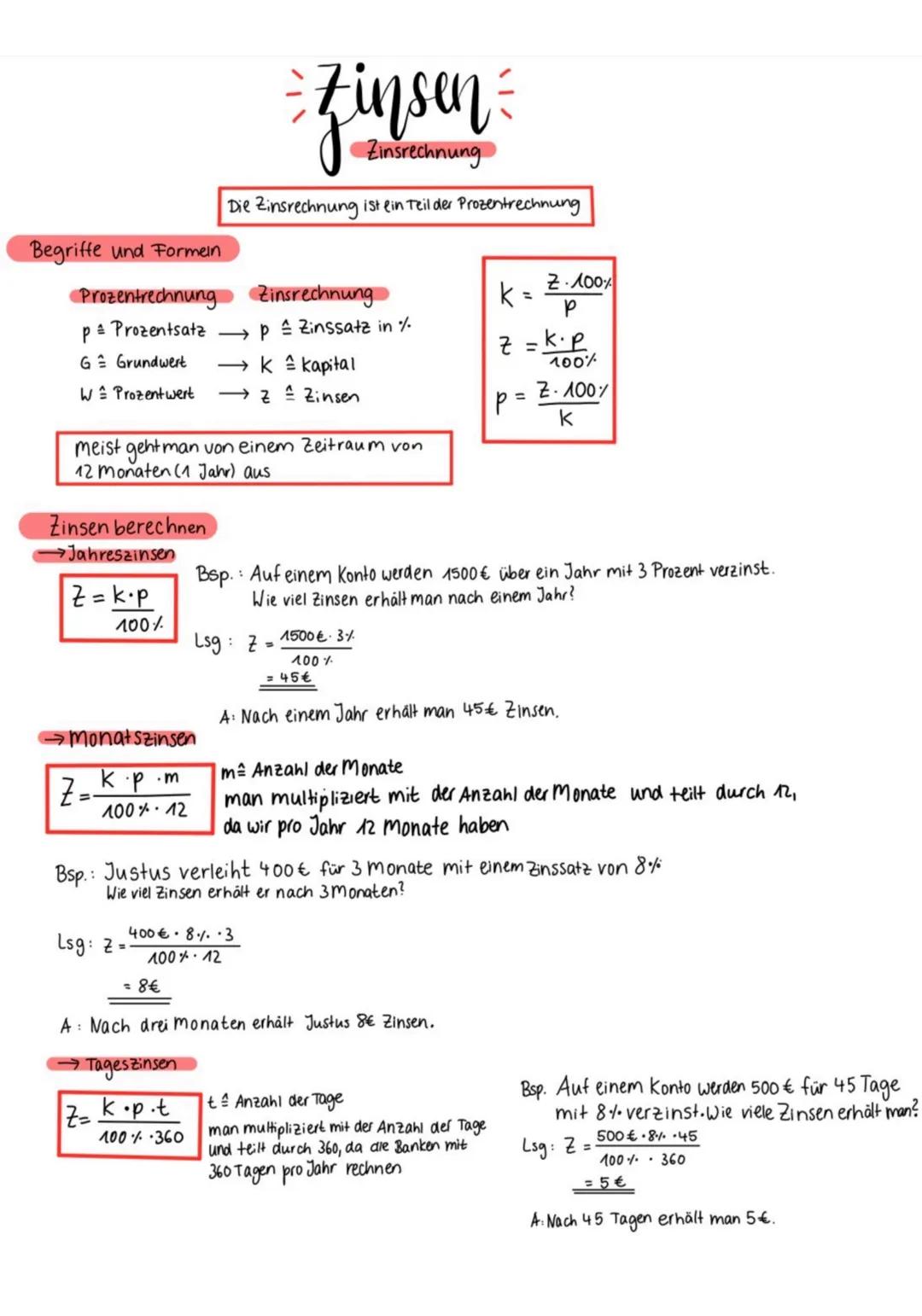 Begriffe und Formein
Prozentrechnung
Zinsrechnung
p Prozentsatzp Zinssatz in %
G = Grundwert →k
W Prozentwert
Zinsen berechnen
→→Jahreszinse
