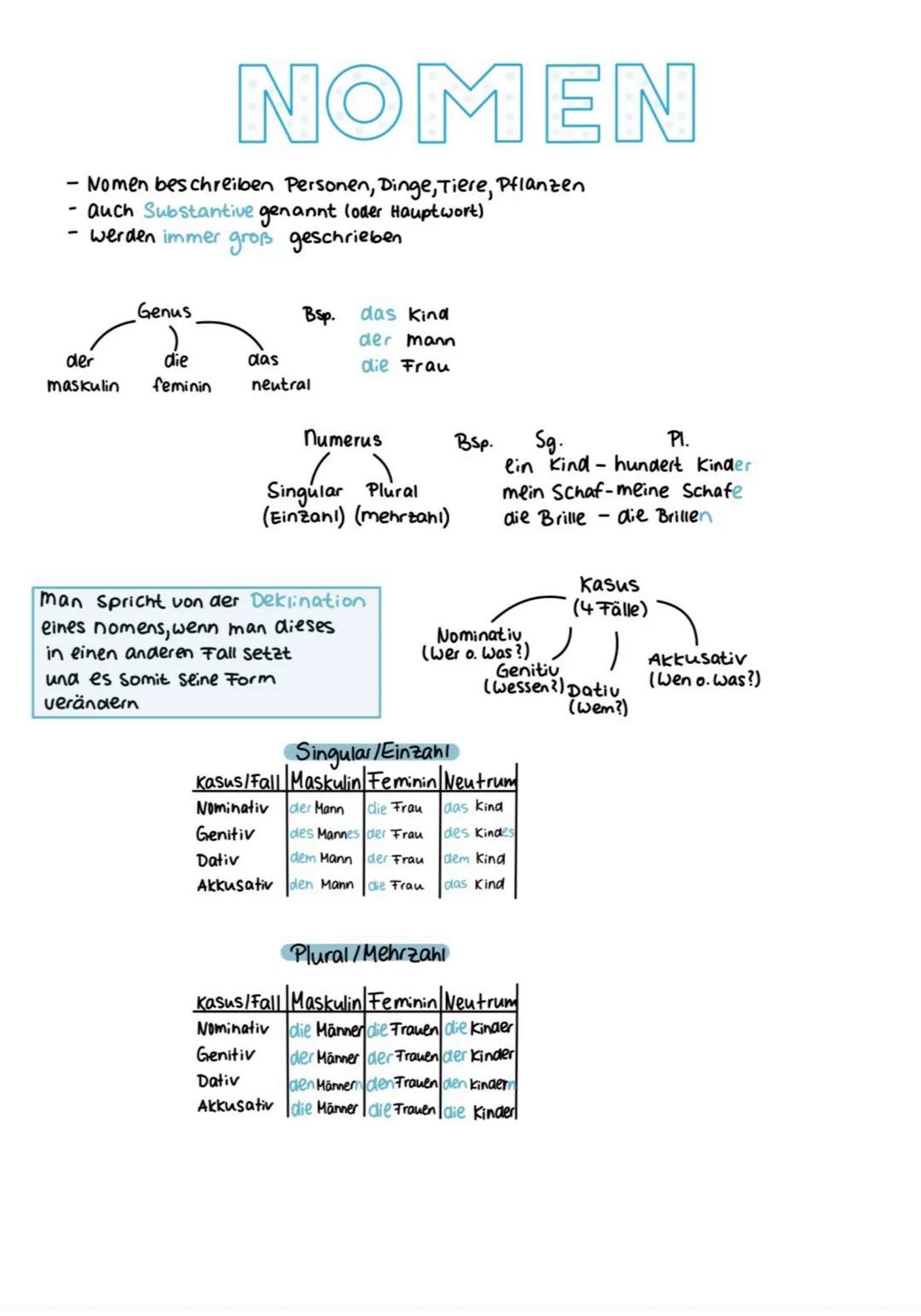 # NOMEN
- Nomen beschreiben Personen, Dinge, Tiere, Pflanzen
- auch Substantive genannt loder Hauptwort)
- werden immer groß geschrieben.