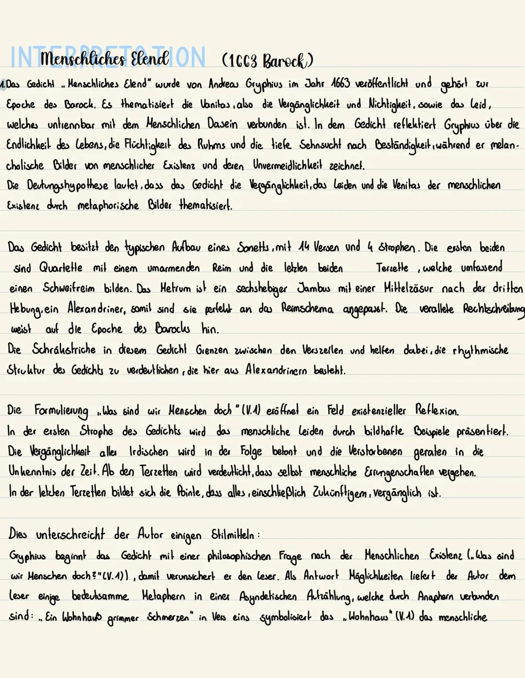 IN Menschliches Elend ON (1663 Barock)
1. Das Gedicht.. Menschliches Elend" wurde von Andreas Gryphius im Jahr 1663 veröffentlicht und gehör