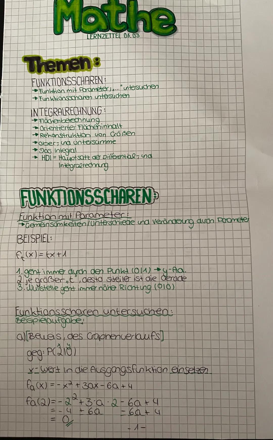 Lernzettel zum Thema Funktionsscharen und Integralrechnung