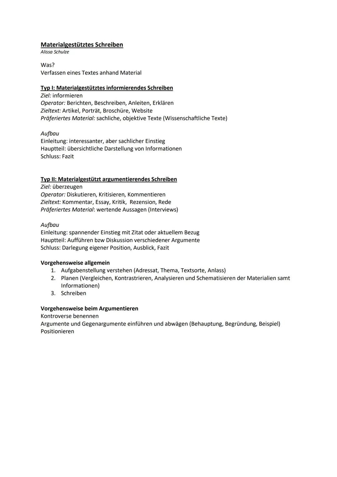 Klausurübersicht Materialgestütztes Schreiben