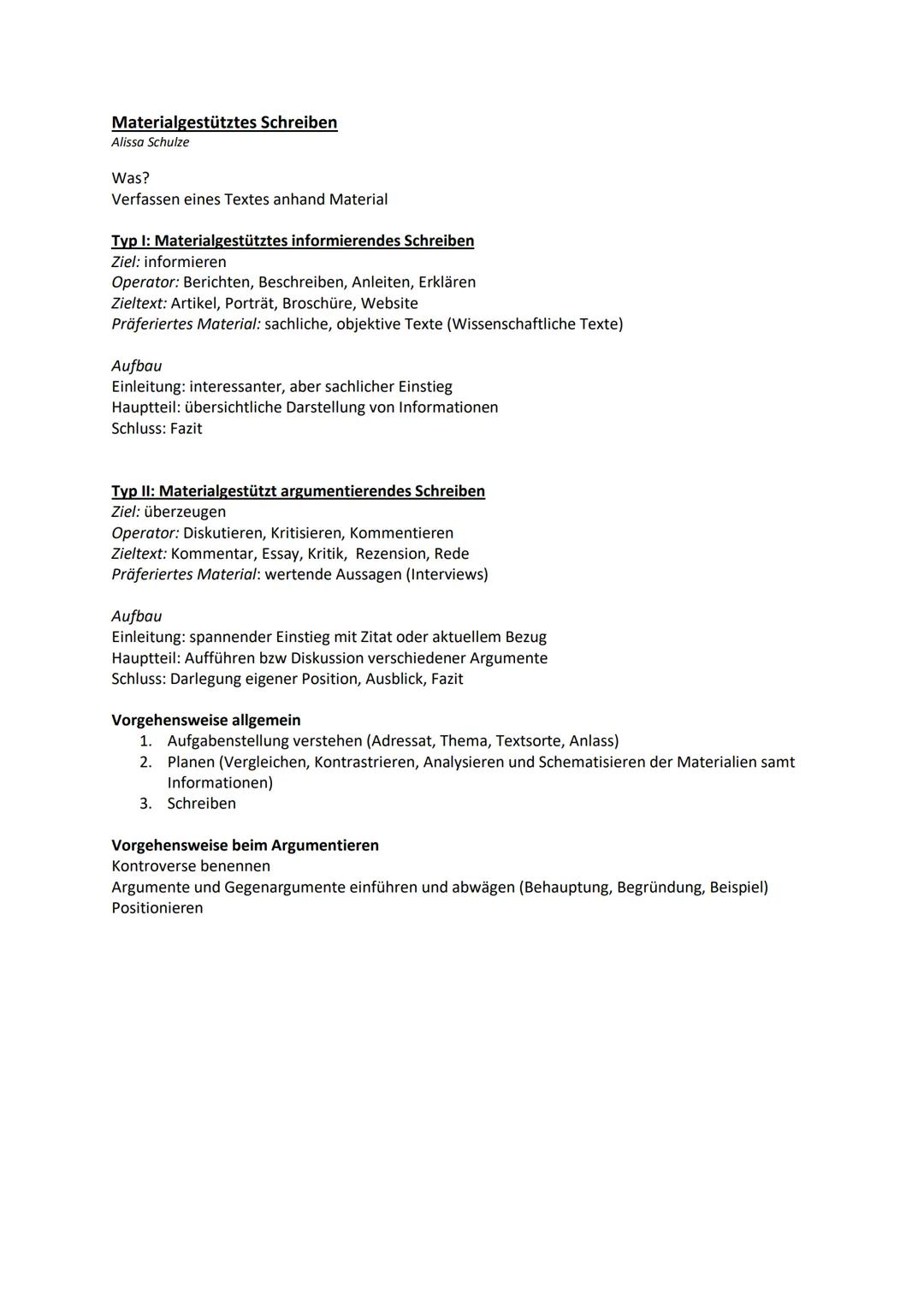 Materialgestütztes Schreiben
Alissa Schulze
Was?
Verfassen eines Textes anhand Material
Typ I: Materialgestütztes informierendes Schreiben
Z
