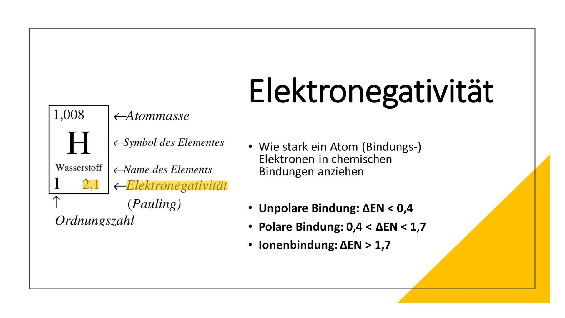 Polare und unpolare
Elektronenpaarbindung
(kovalente Bindung) Elektronegativität
1,008
<Atommasse
HSymbol des Elementes
Wasserstoff
1 2,1
↑