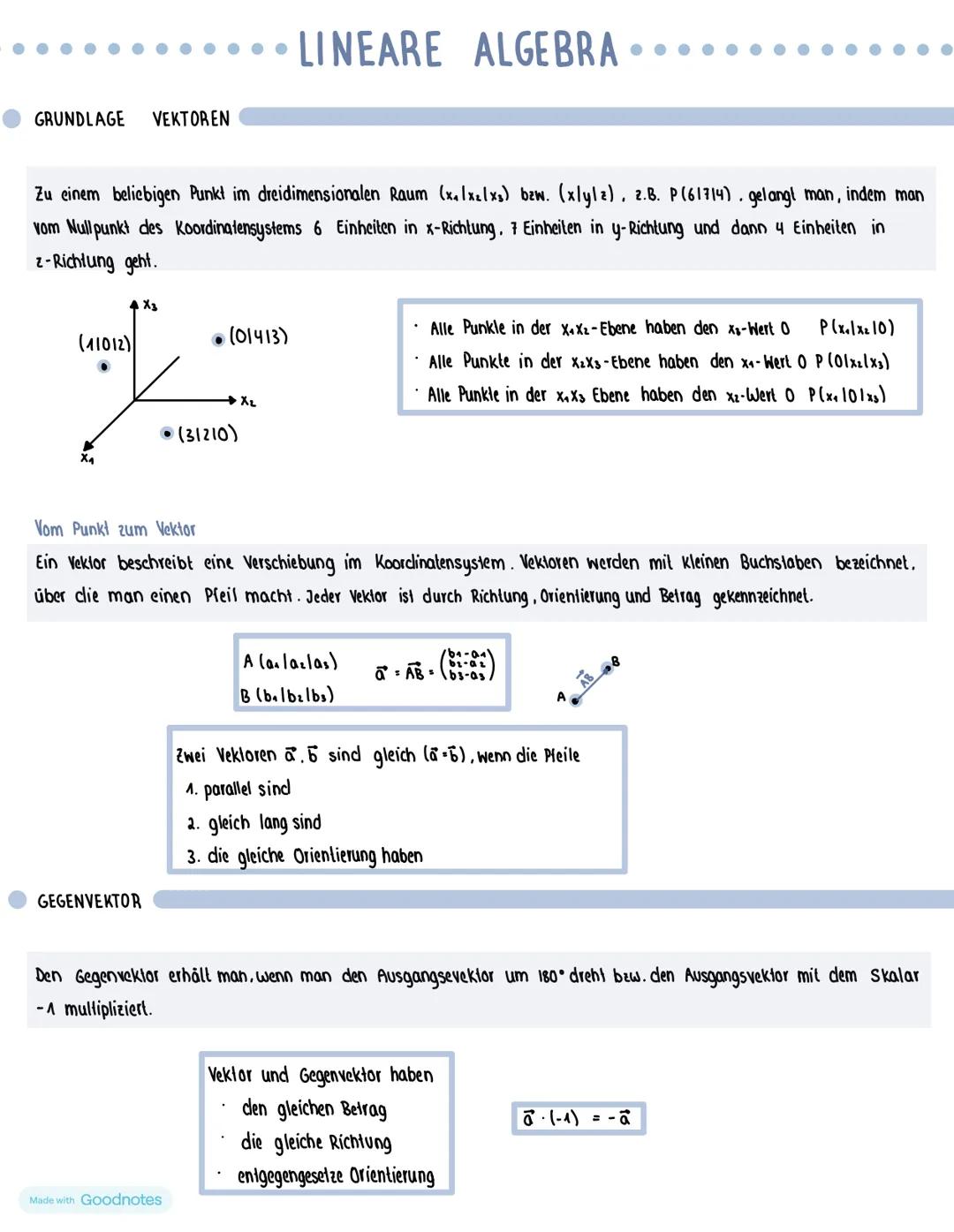 LINEARE ALGEBRA
GRUNDLAGE
VEKTOREN
Zu einem beliebigen Punkt im dreidimensionalen Raum (x41x21x3) bzw. (xlyla), 2.B. P(61714), gelangt man,