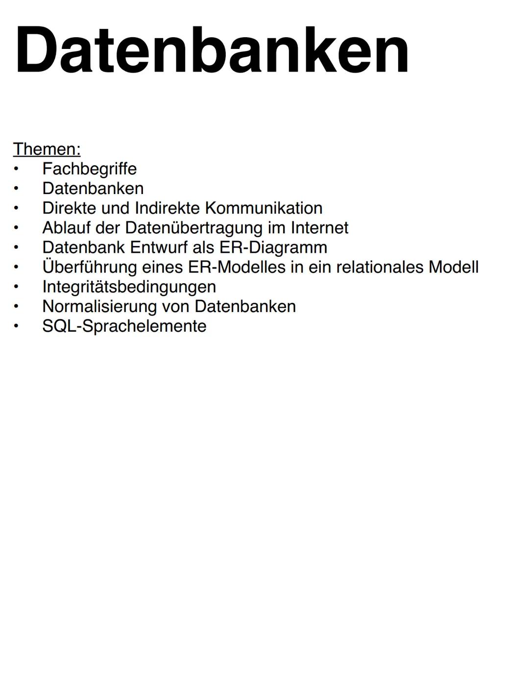 ABI 2024
Informatik/ # Datenbanken
Themen:
- Fachbegriffe
- Datenbanken
- Direkte und Indirekte Kommunikation
- Ablauf der Datenübertragung