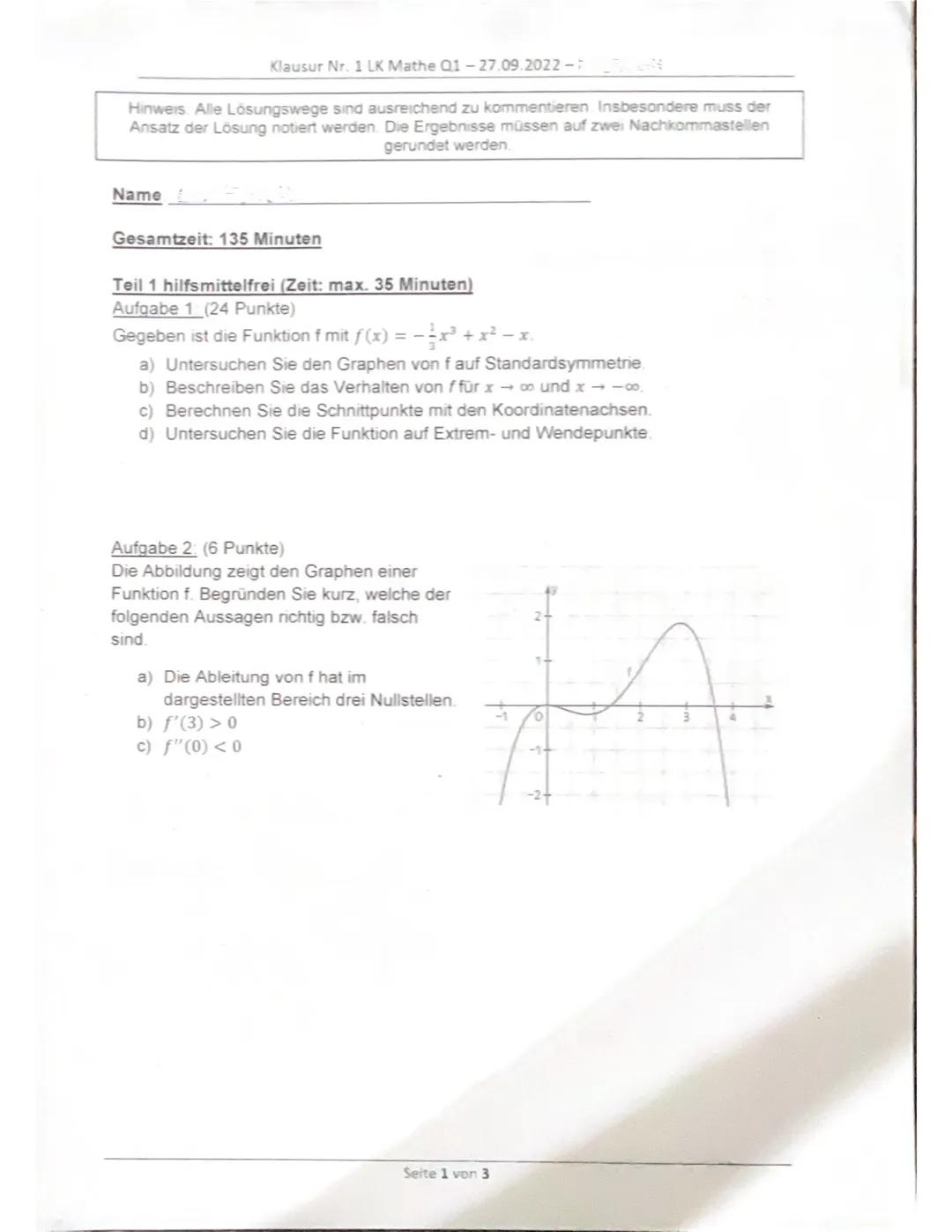 Mathe Klausur Q1 - Analysis