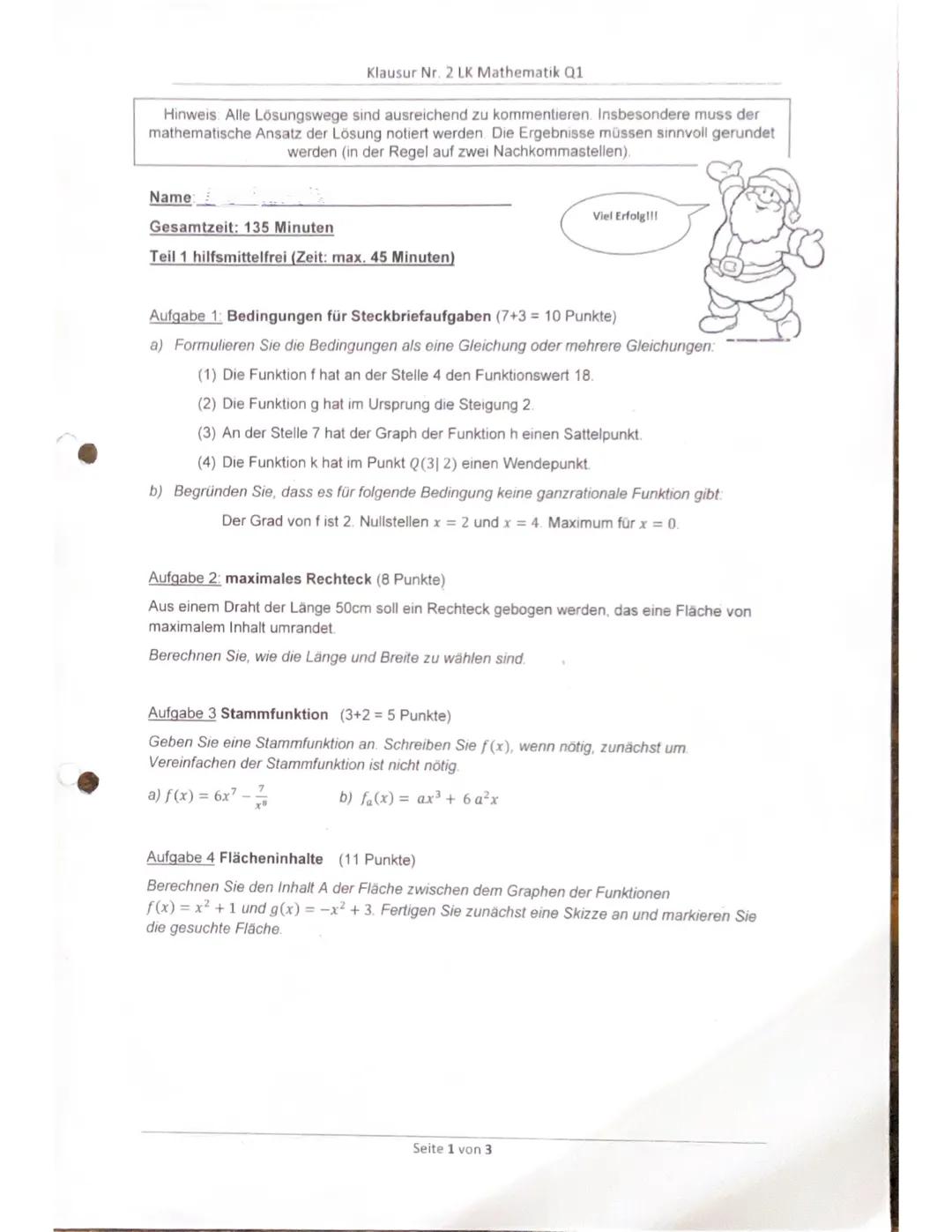 Klausur Nr. 2 LK Mathematik Q1
Hinweis: Alle Lösungswege sind ausreichend zu kommentieren. Insbesondere muss der
mathematische Ansatz der Lö