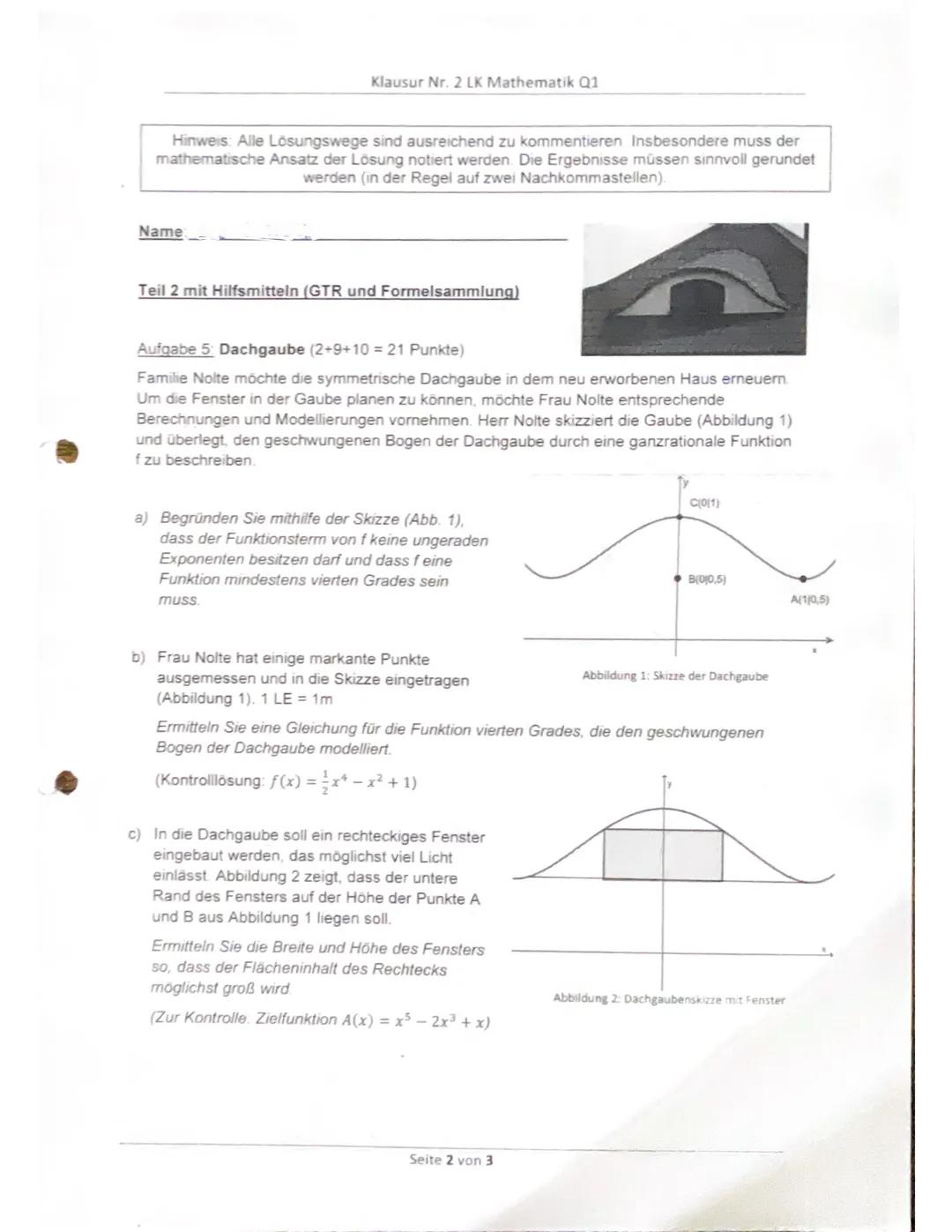 Klausur Nr. 2 LK Mathematik Q1
Hinweis: Alle Lösungswege sind ausreichend zu kommentieren. Insbesondere muss der
mathematische Ansatz der Lö