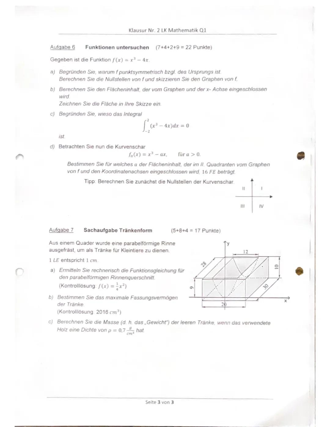 Klausur Nr. 2 LK Mathematik Q1
Hinweis: Alle Lösungswege sind ausreichend zu kommentieren. Insbesondere muss der
mathematische Ansatz der Lö