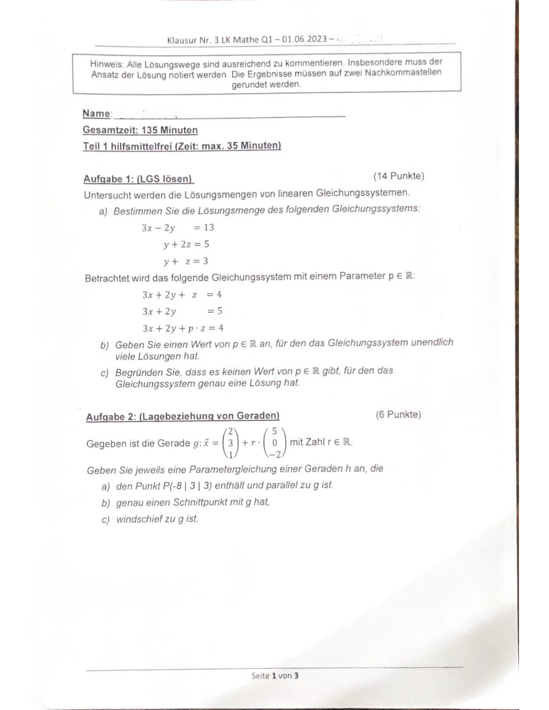 Mathe Klausur Q1 - Analytische Geometrie