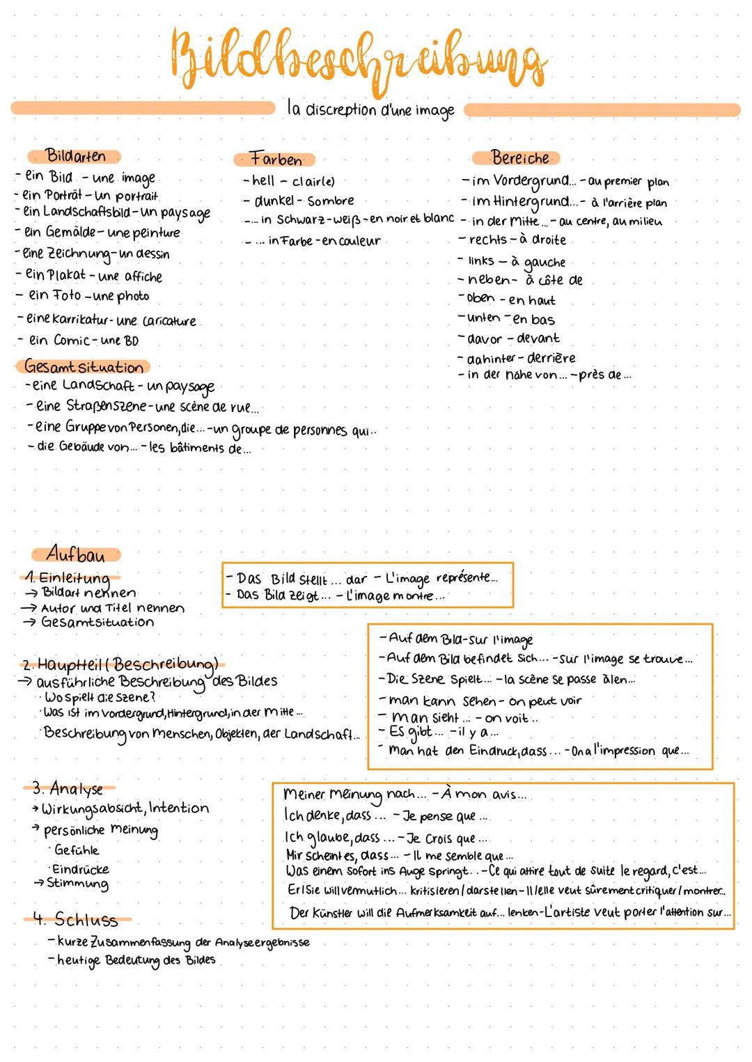 Bildarten
- ein Bild- une image.
ein Porträt un portrait.
Bildbeschreibung
- ein Landschaftsbild-un paysage
- ein Gemälde- une peinture
- ei