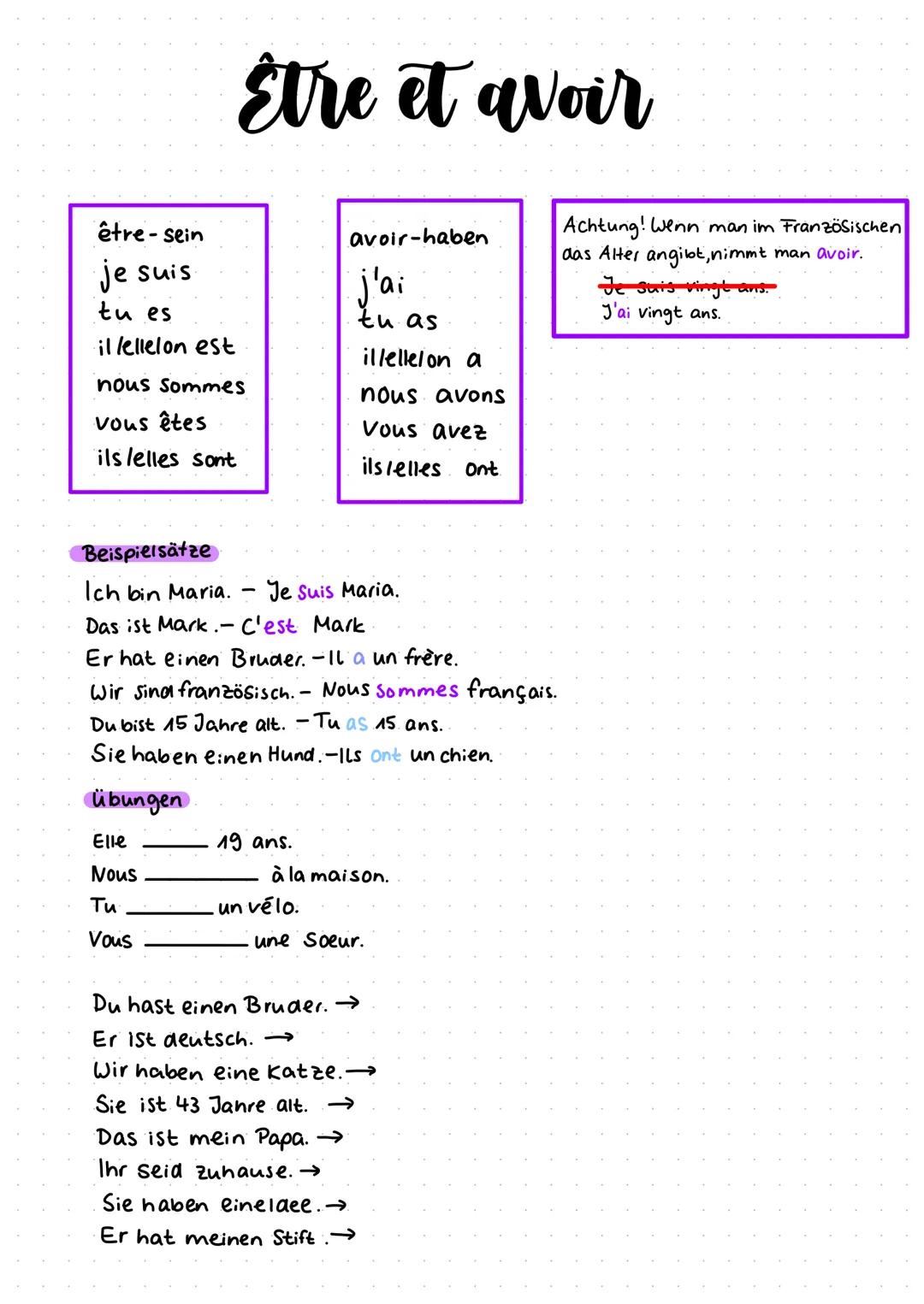 Être et avoir
être-sein
je suis
tu es
illellelon est
nous sommes
vous êtes
ils/elles sont
avoir-haben
j'ai
tu as
illellel on a
nous avons
Vo