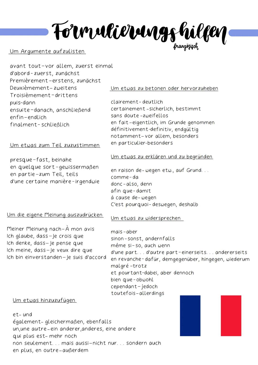 •Formulierungshilfen.
Um Argumente aufzulisten
avant tout vor allem, zuerst einmal
d'abord zuerst, zunächst
Premièrement -erstens, zunächst