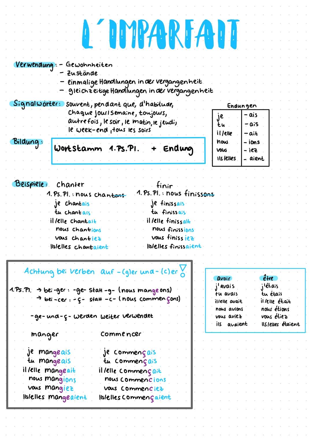 L'IMPARFAIT
Verwendung: - Gewohnheiten
-
Zustände
- einmalige Handlungen in der vergangenheit.
• gleichzeitige Handlungen in der vergangenhe