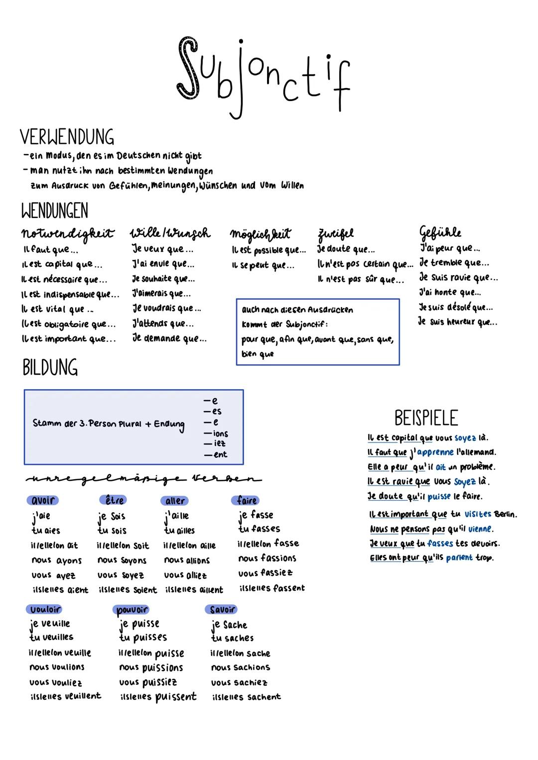 # Subjonctif
VERWENDUNG
-ein modus, den es im Deutschen nicht gibt
- man nutzt ihn nach bestimmten Wendungen
zum Ausdruck von Gefühlen,