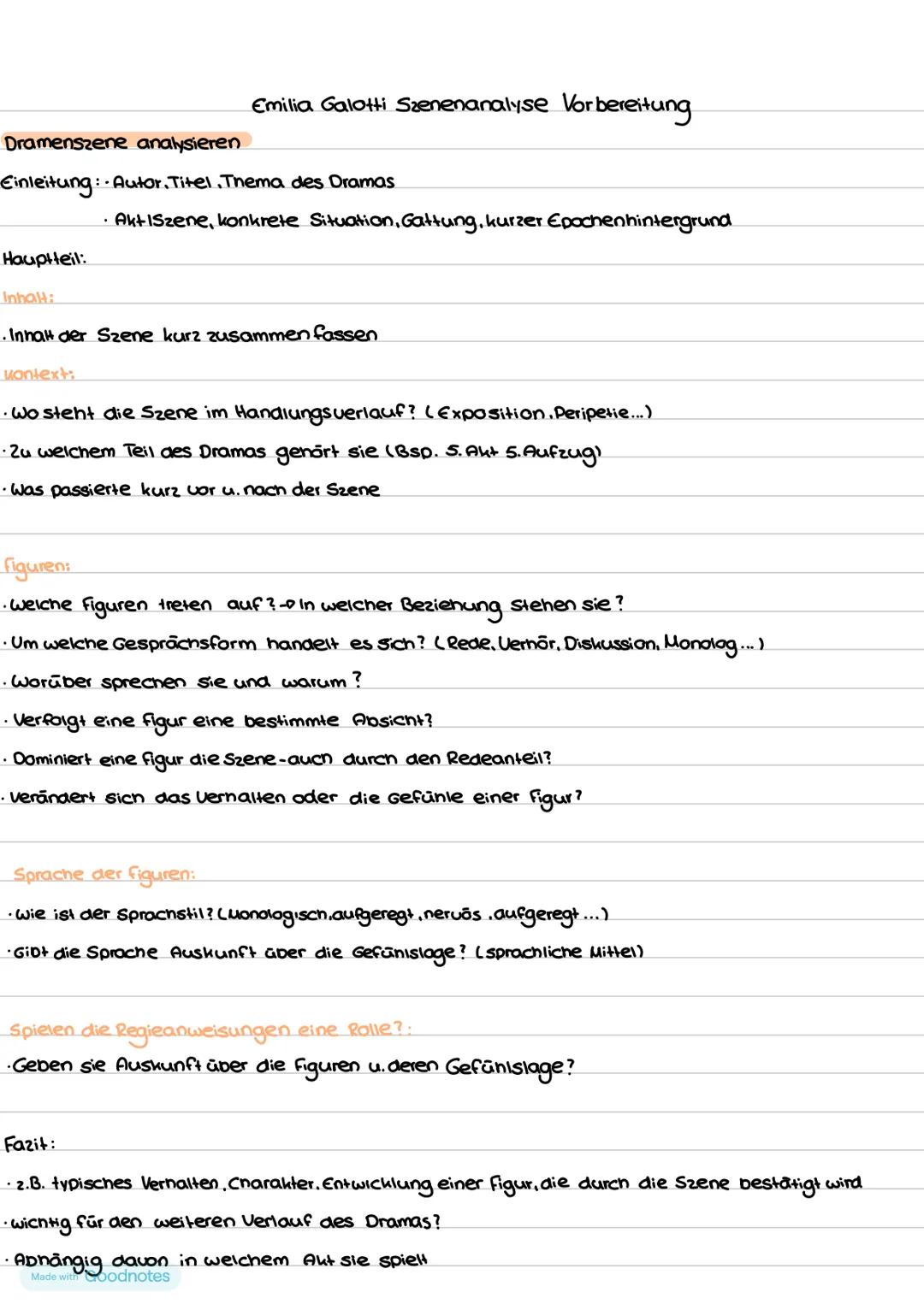 Dramenszene analysieren
Emilia Galotti Szenenanalyse Vorbereitung.
Einleitung: · Autor. Titel, Thema des Dramas
Hauptteil:
Inhalt:
· AktiSze