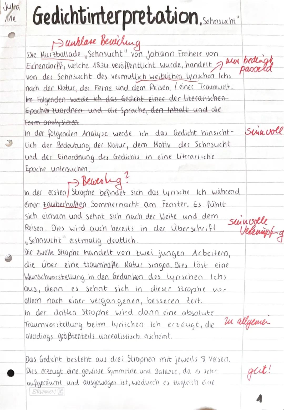 Julea
Me # Gedichtinterpretation. Sehnsucht"
$
rightarrow$unklase Bevichung
Die Kurzballade Sehnsucht" von Johann Freiherr von
Eichendorff
