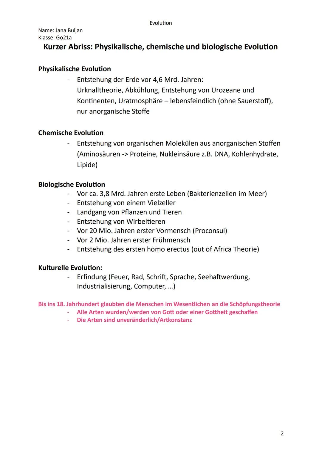 Name: Jana Buljan
Klasse: Go21a
Evolution
Inhalte/Themen für die mündliche Prüfung im Fach Biologie
Kurshalbjahr 13.1 Evolution
o Kurzer Abr