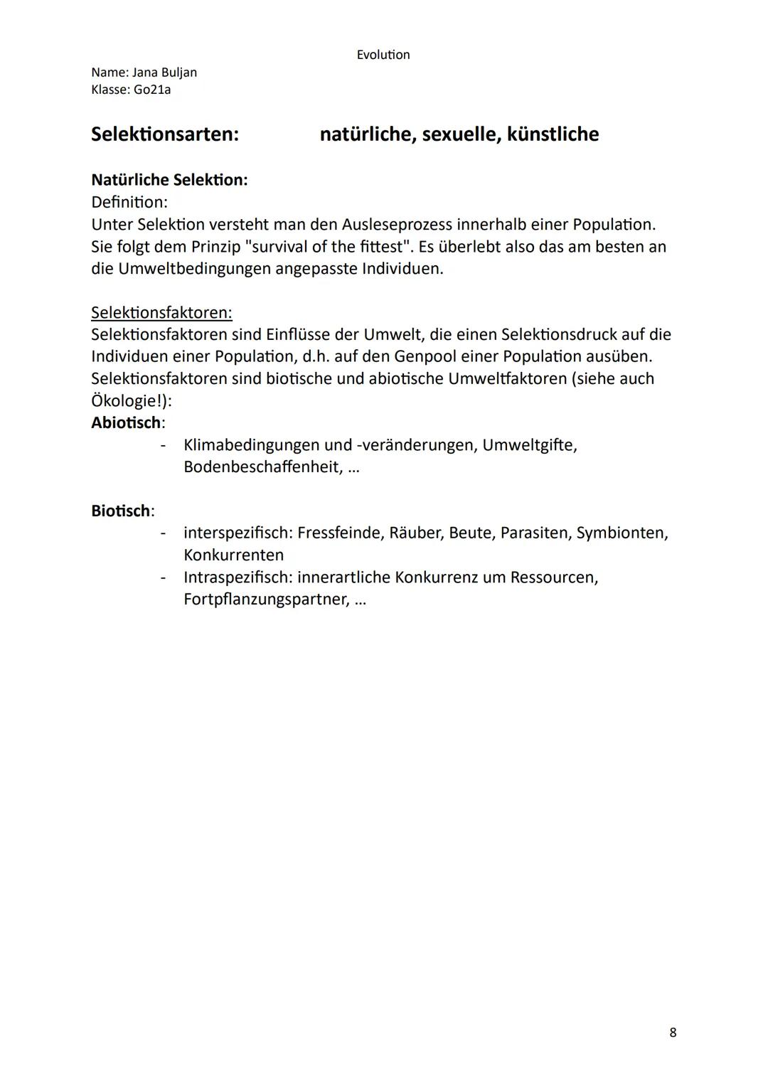 Name: Jana Buljan
Klasse: Go21a
Evolution
Inhalte/Themen für die mündliche Prüfung im Fach Biologie
Kurshalbjahr 13.1 Evolution
o Kurzer Abr