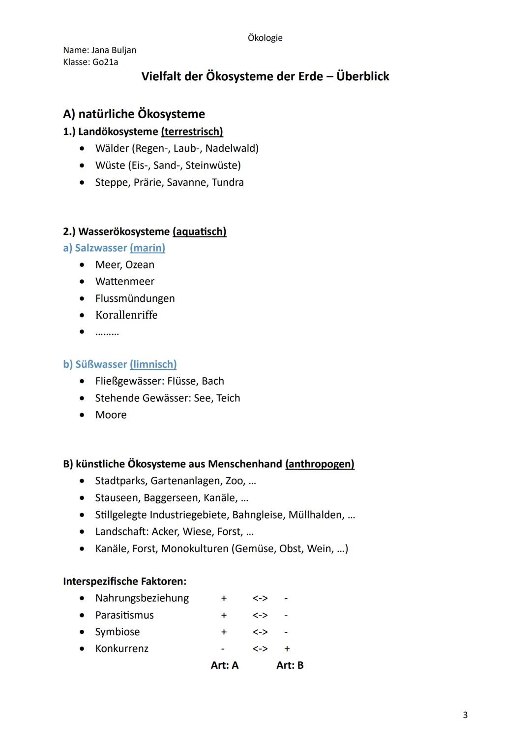 Name: Jana Buljan
Klasse: Go21a
Ökologie
Inhalte/Themen für die mündliche Prüfung im Fach Biologie
Kurshalbjahr 12.2 Ökologie
。 Überblick: A