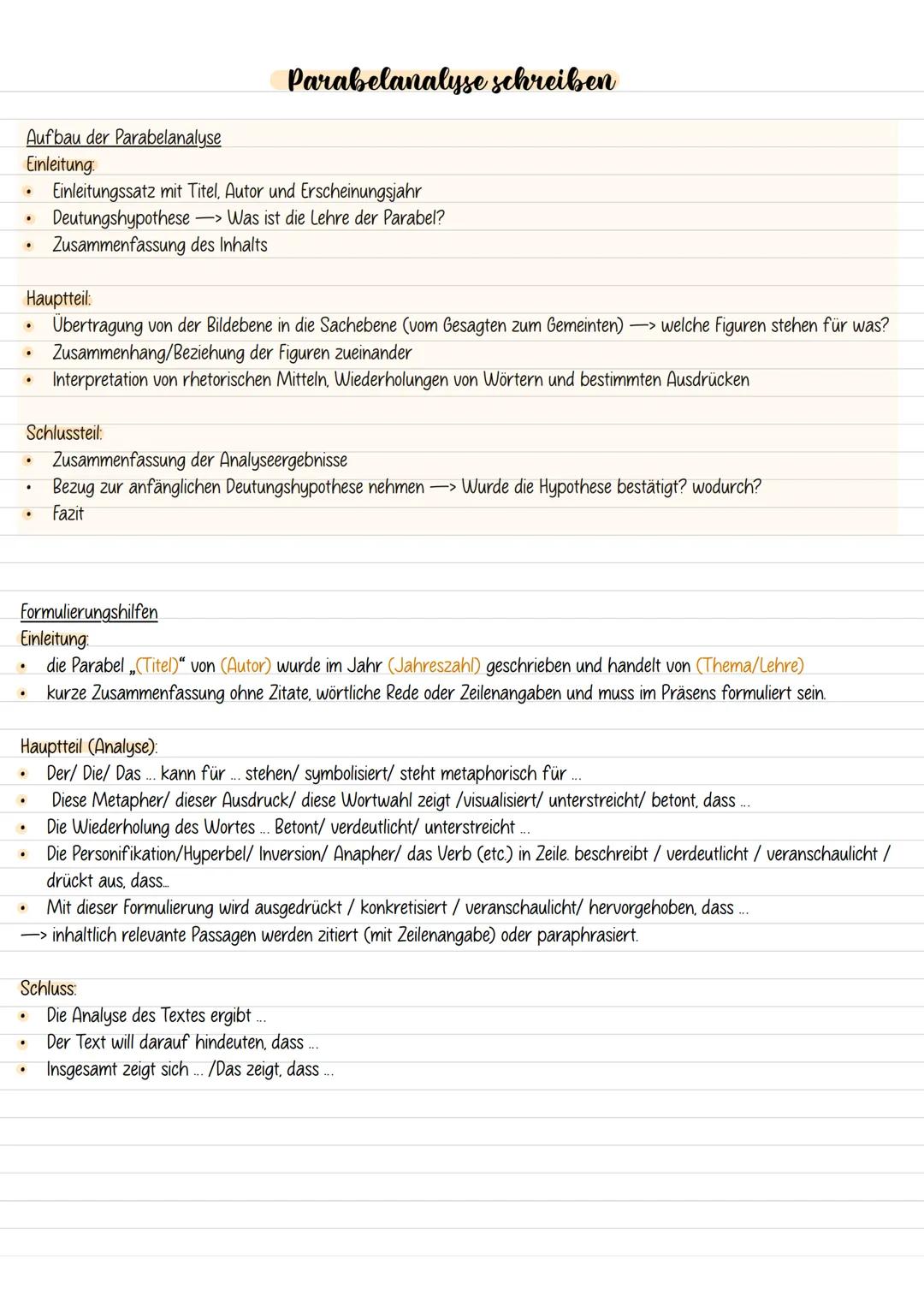 .
Parabelanalyse schreiben
Aufbau der Parabelanalyse
Einleitung
•
•
.
.
Einleitungssatz mit Titel, Autor und Erscheinungsjahr
-> Was ist die