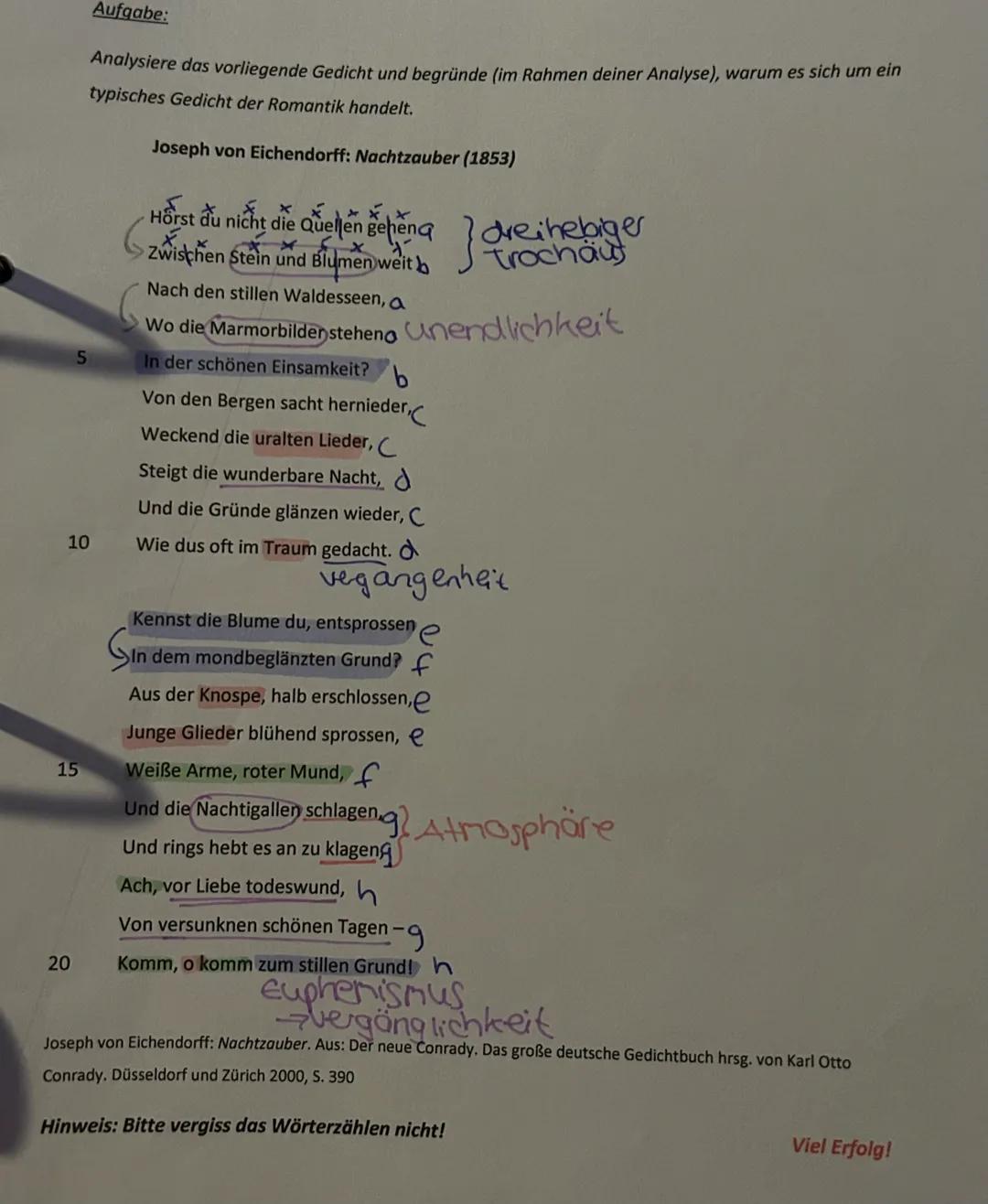 Deutschklausur Gedichtsanalyse Nachtzauber von Joseph von Eichendorff