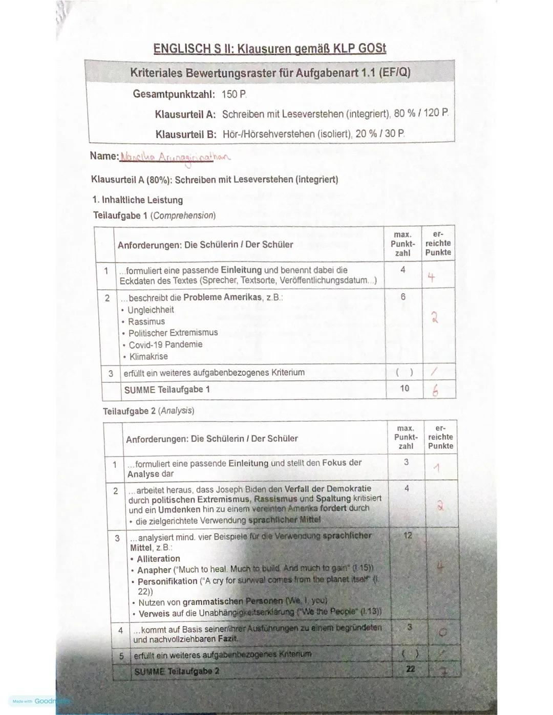 Made with Goodr
ENGLISCH S II: Klausuren gemäß KLP GOSt
Kriteriales Bewertungsraster für Aufgabenart 1.1 (EF/Q)
Gesamtpunktzahl: 150 P.
Klau