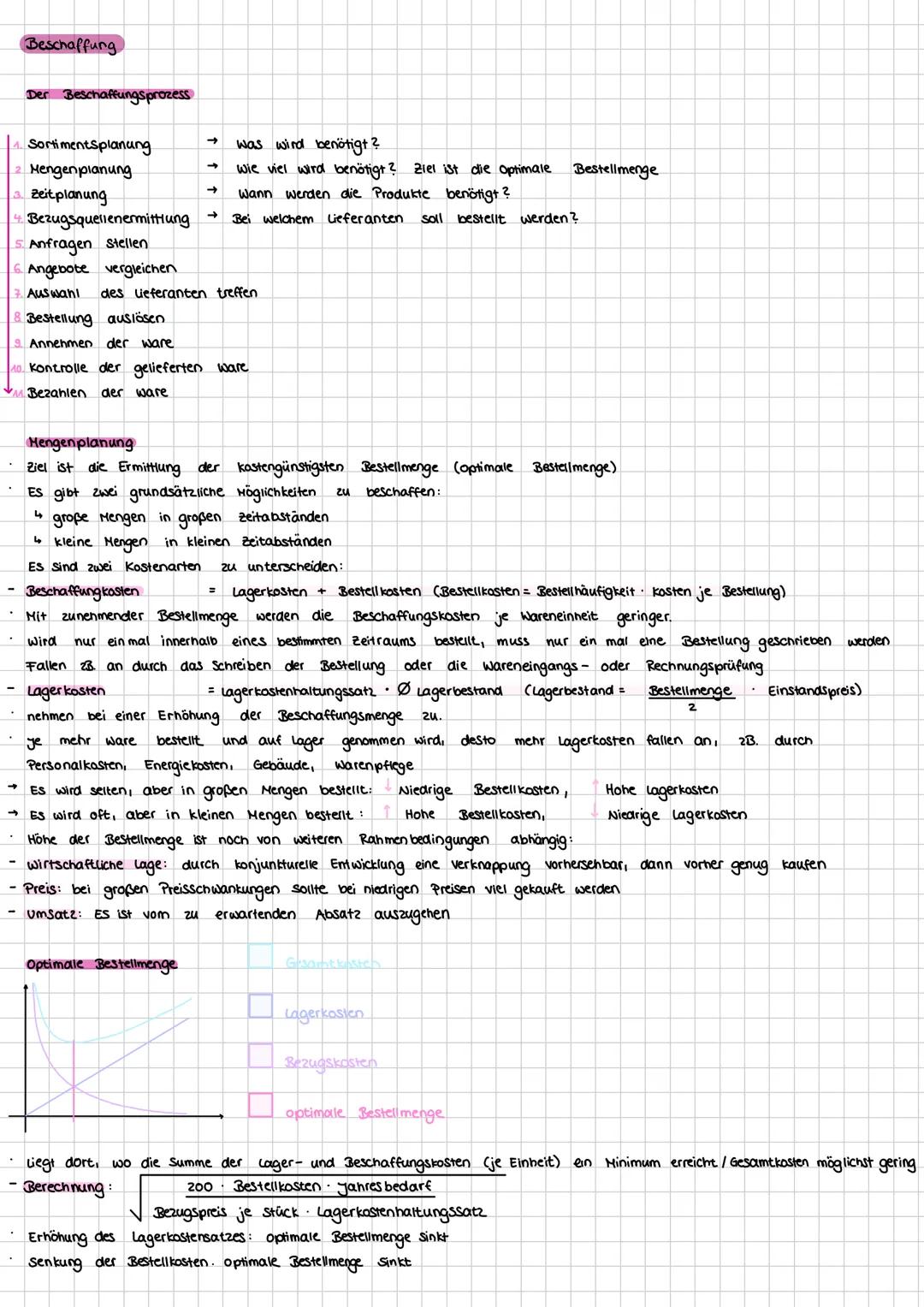 Beschaffung
Der Beschaffungsprozess
→
4. Sortimentsplanung
was wird benötigt?
->
wie viel wird benötigt? Ziel ist die optimale Bestellmenge