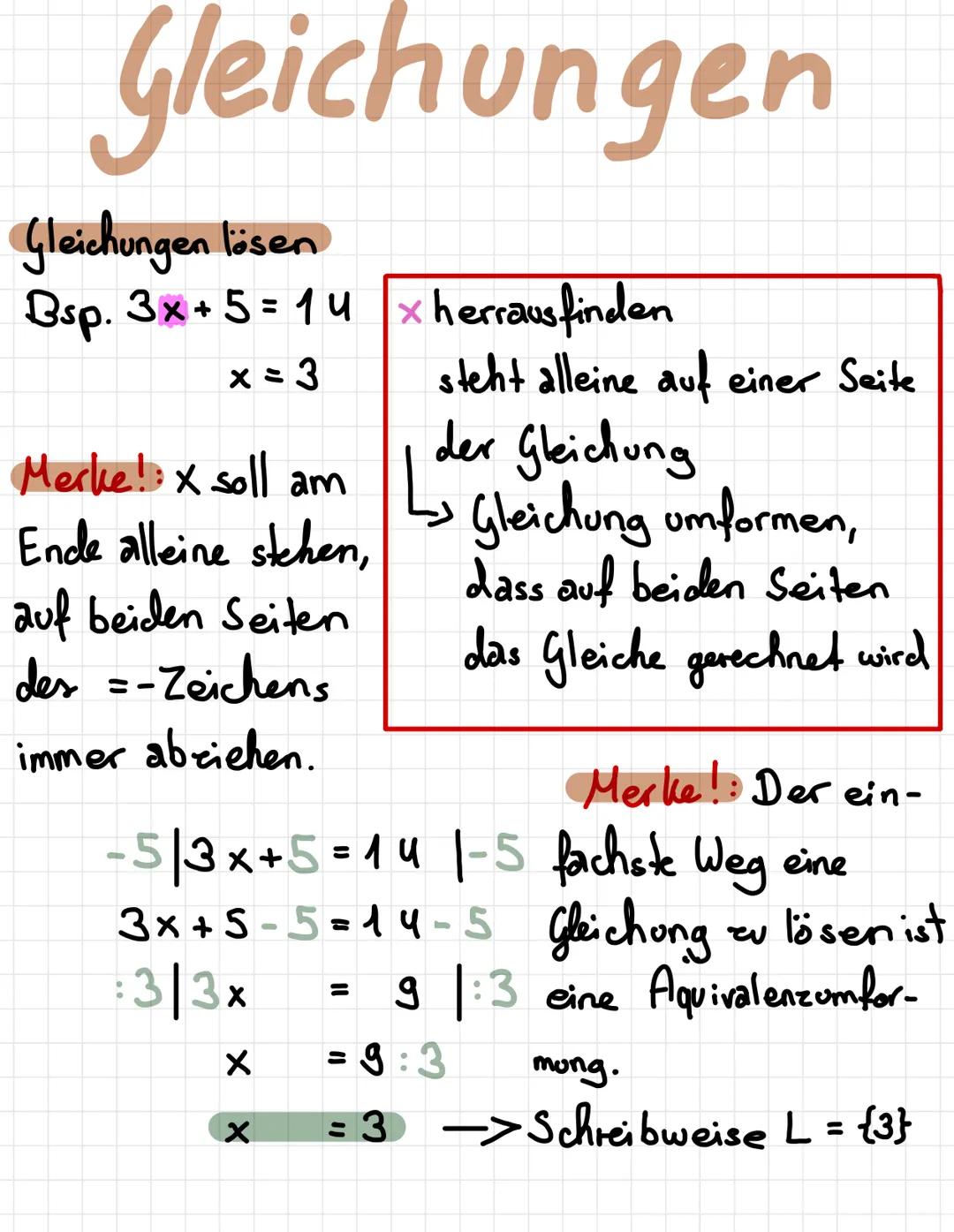 # Gleichungen
Gleichungen lösen
Bsp. 3x+5=14 herrausfinden
x = 3
Merke! x soll am
Ende alleine stehen,
auf beiden Seiten
des =-Zeichens
st
