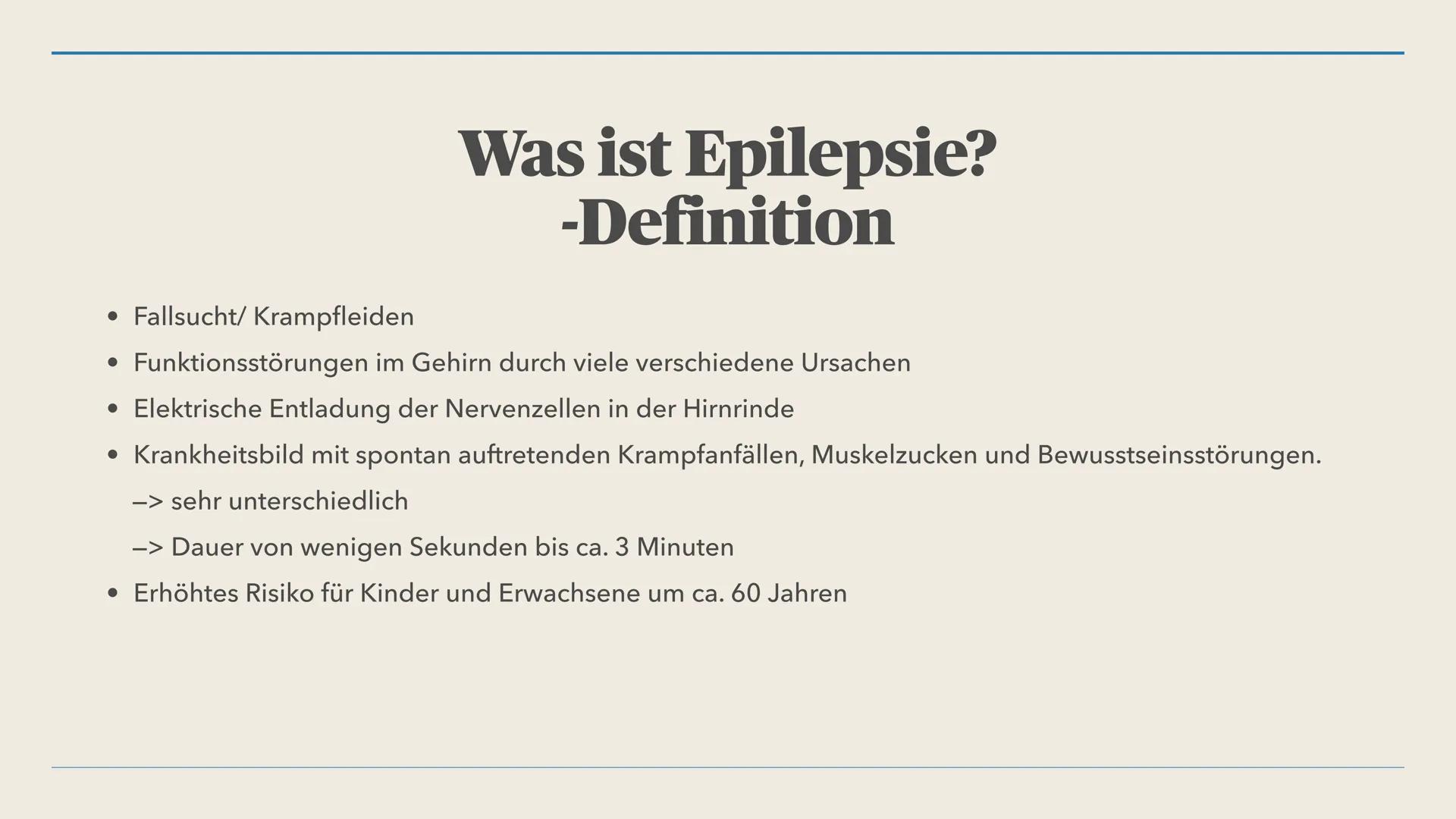 LILLI, 12BI02
Epilepsie Gliederung
1. Was ist Epilepsie?
2. Abgrenzung Epilepsie und epileptischer Anfall
3. Auslöser der Epilepsie
4. Ursac