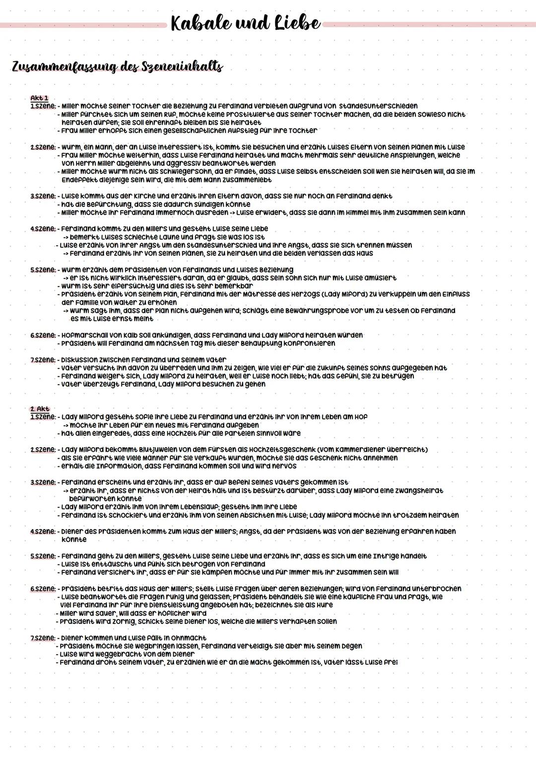 # Kabale und Liebe
Zusammenfassung des Szeneninhalts
Akt 1
1. szene: - Miller mochte seiner Tochter die Beziehung zu Ferdinand verbieten