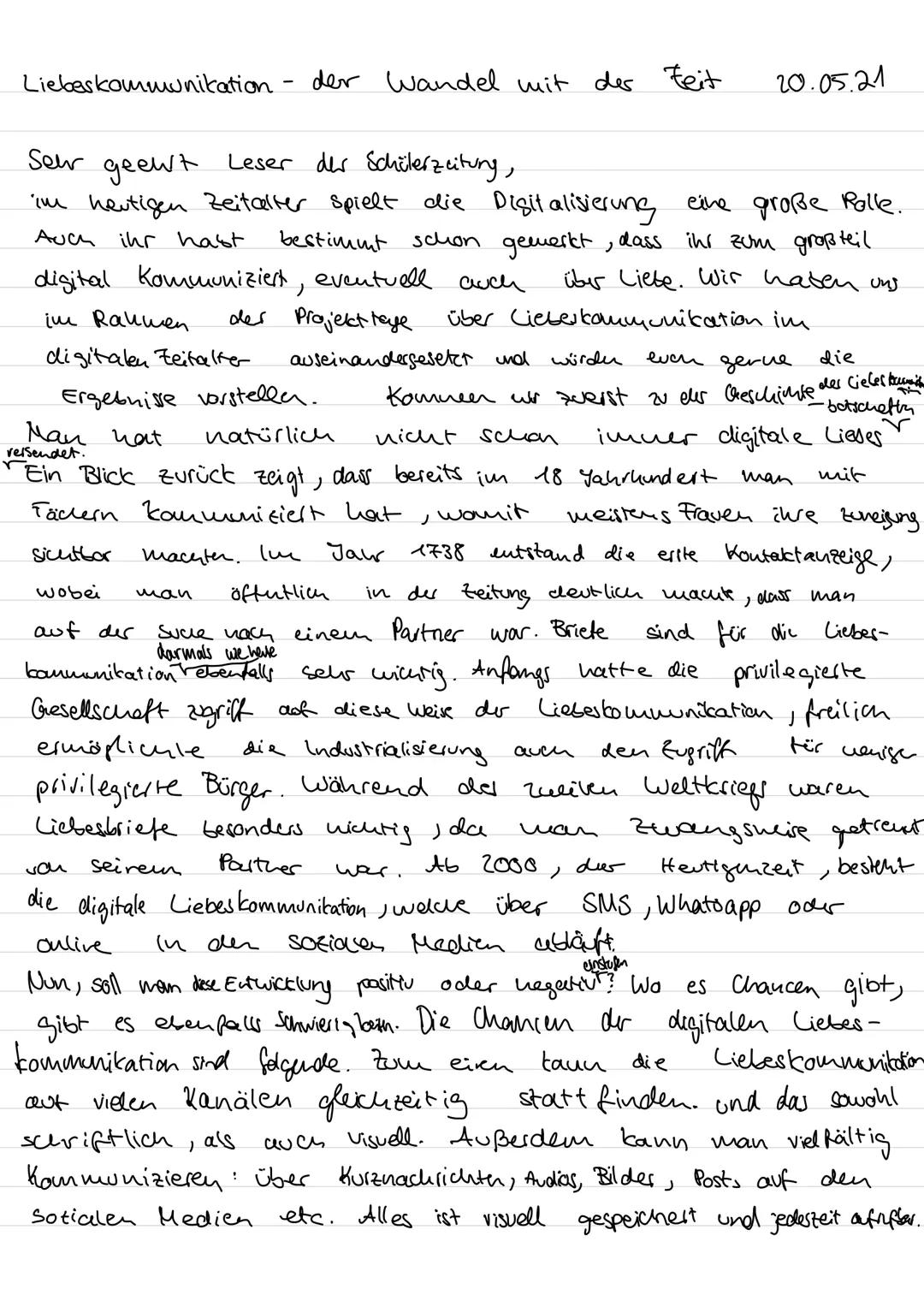 Liebeskommunikation - der Wandel mit der Feit 20.05.21
Seer geent
Leser der Schülerzeitung,
im heutigen Zeitalter Spielt die Digitalisieru