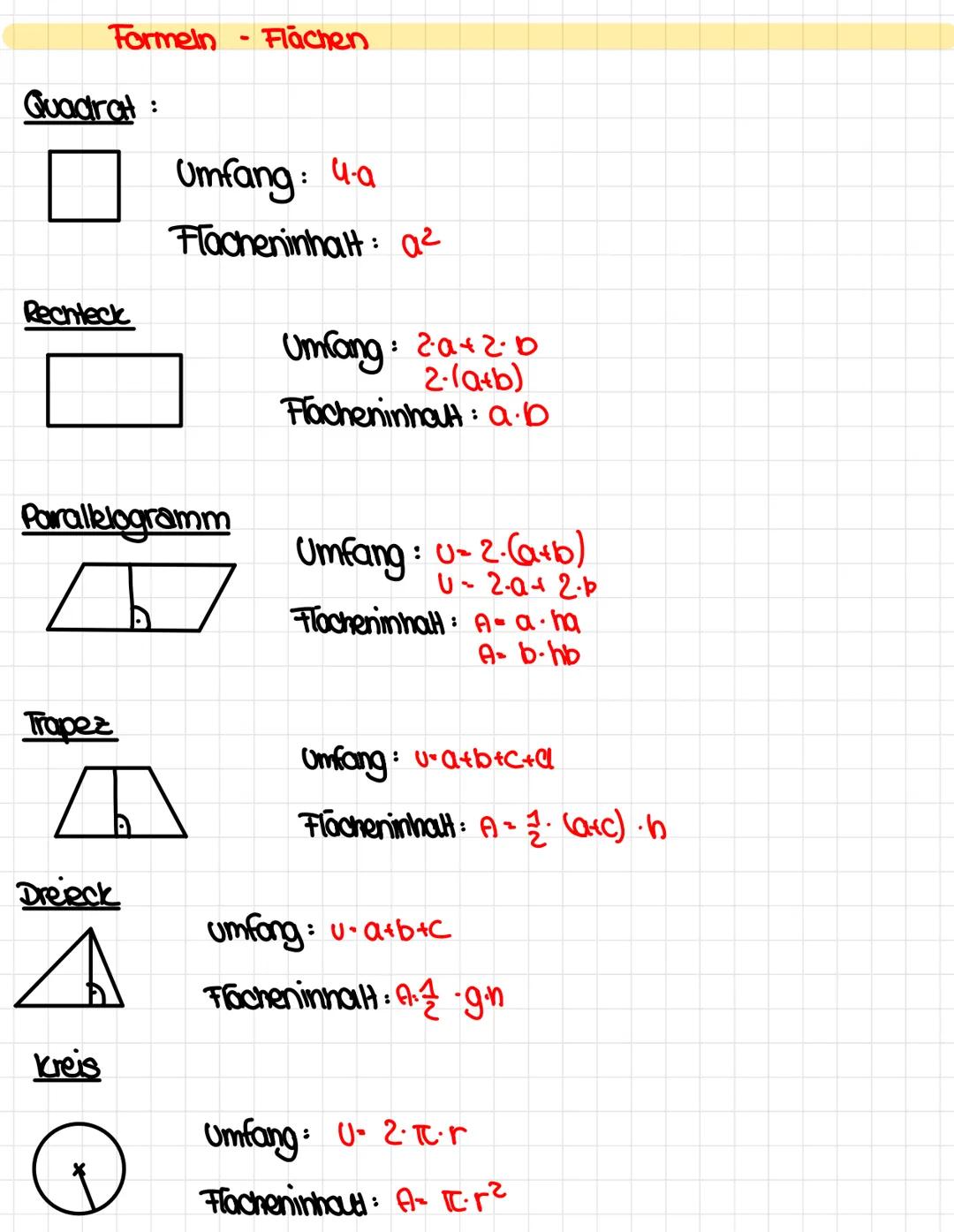 Formeln Flächen
Quadrat:
Umfang: 4-a
Flacheninhalt: 02
Rechteck
Umfang: 20+2.0
2-(a+b)
Flacheninhout: a.D
Parallelogramm
Umfang: U-2-(a+