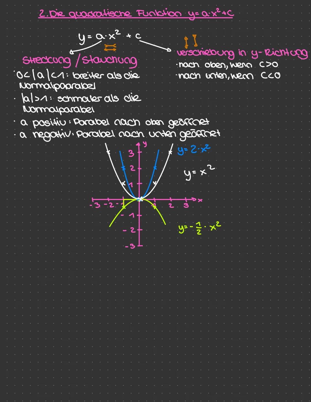 # 8 Quadratische Funktionen
8.1 Die quadratische Funktion y=x²+C
Die Normalporaber y=x²
wertetabelle:
| x | -3 | -2 | -1 | 0 | 1 | 2 | 3