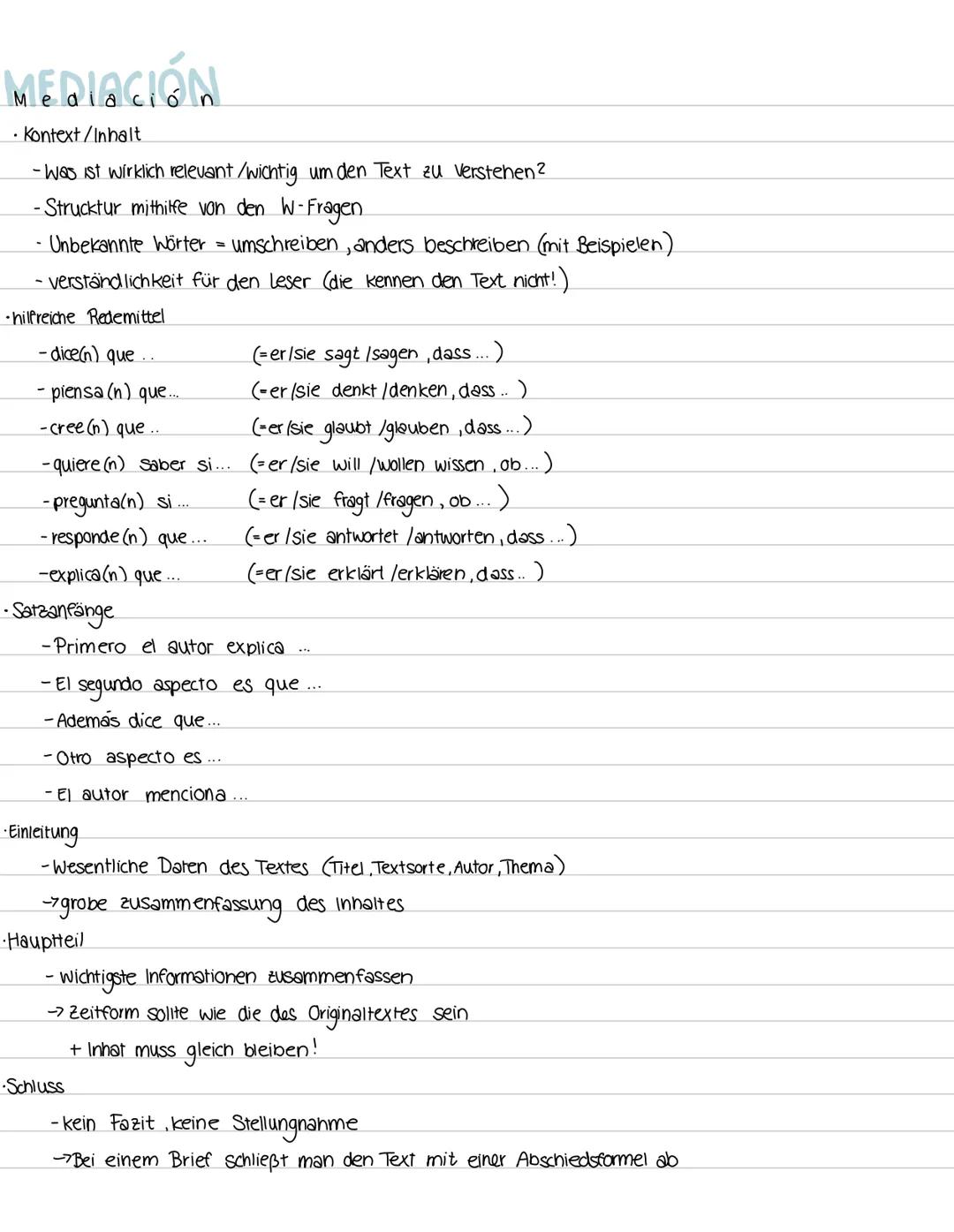 # MEDIACIÓN
• Kontext/Inhalt
-Was ist wirklich relevant/wichtig um den Text zu verstehen 2
- Strucktur mithilfe von den W-Fragen
- Unbekannt