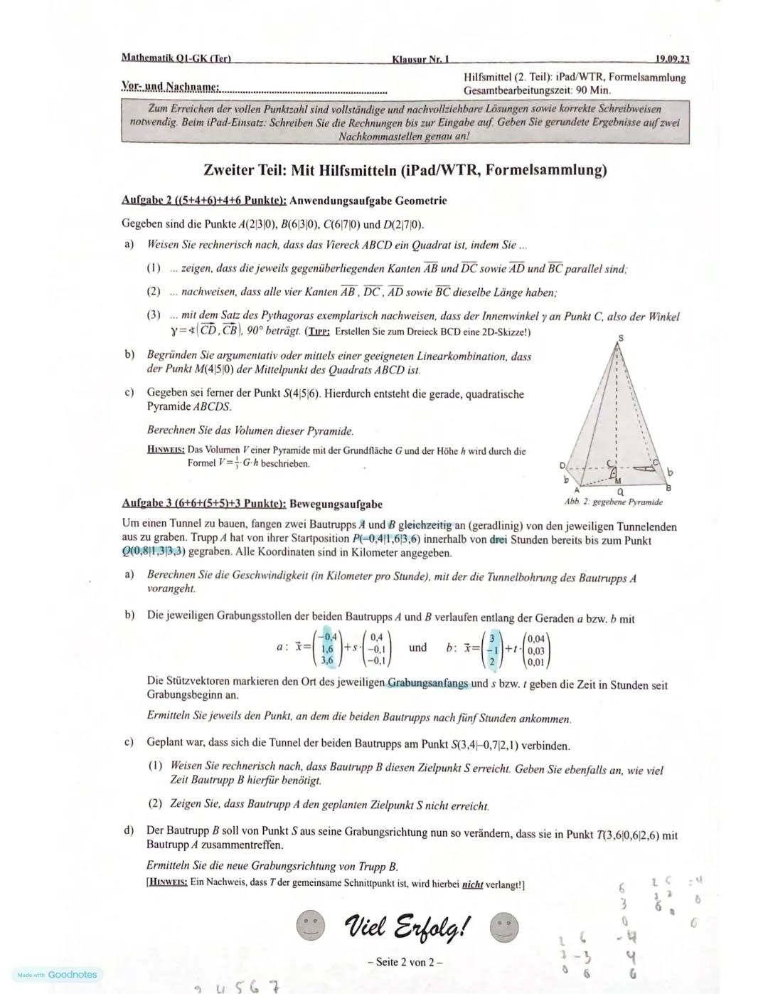 Mathematik Q1-GK
Klausur Nr. 1
19.09.23
Vor- und Nachname:..
Hilfsmittel (2. Teil): iPad/WTR, Formelsammlung
Gesamtbearbeitungszeit: 90 Min.