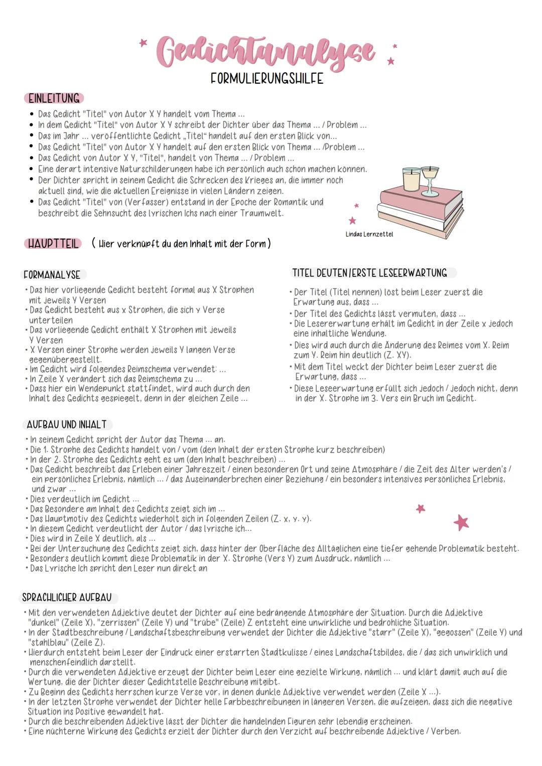 EINLEITUNG
*
Gedichtanalyse
FORMULIERUNGSHILFE
⚫Das Gedicht "Titel" von Autor X Y handelt vom Thema ...
In dem Gedicht "Titel" von Autor X Y