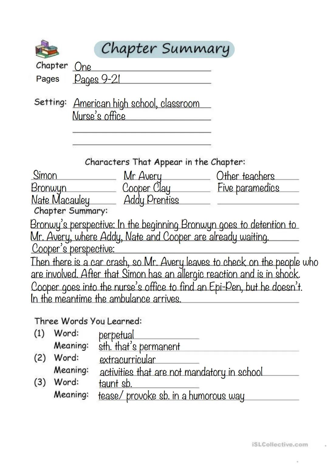One Of Us Is Lying, List of contents
Page 1: cover
Page 2: list of contents
Pages 3-32: chapter summaries
Page 33: some important things
Pag