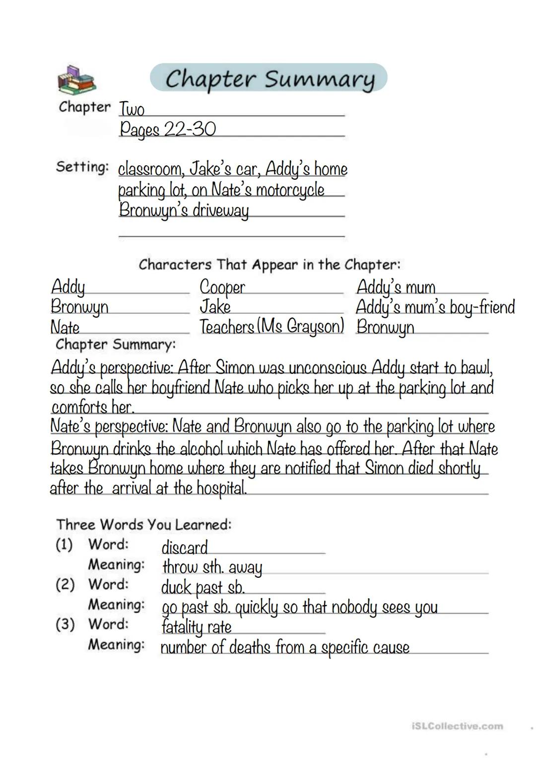 One Of Us Is Lying, List of contents
Page 1: cover
Page 2: list of contents
Pages 3-32: chapter summaries
Page 33: some important things
Pag
