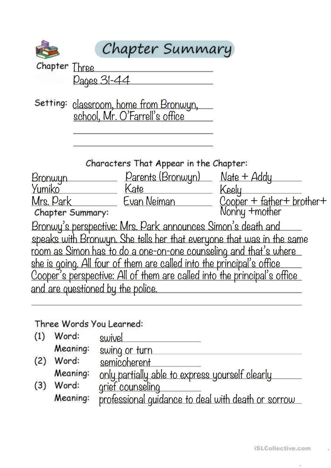 One Of Us Is Lying, List of contents
Page 1: cover
Page 2: list of contents
Pages 3-32: chapter summaries
Page 33: some important things
Pag